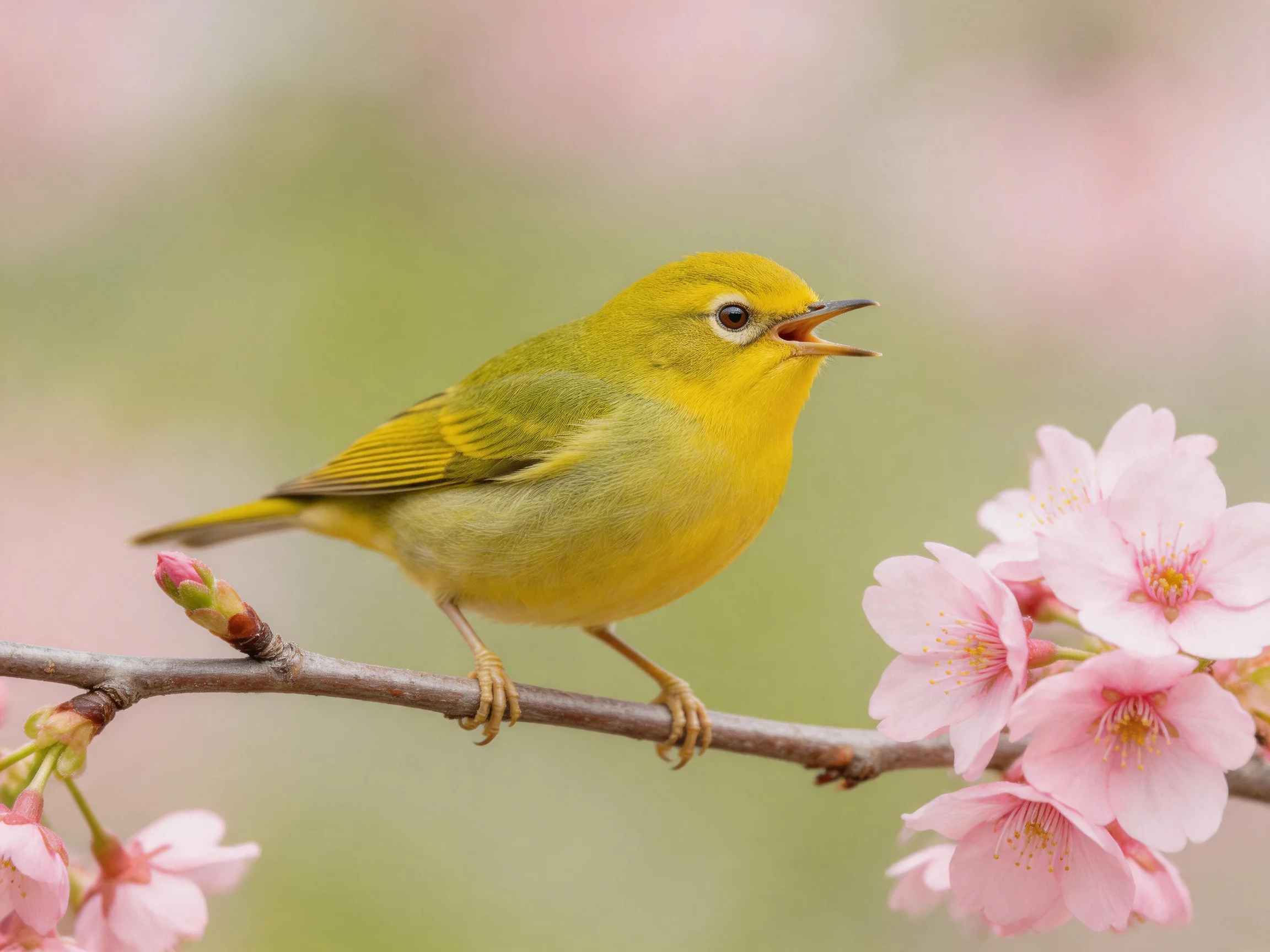 A bright yellow bird perched on pink cherry blossom branches