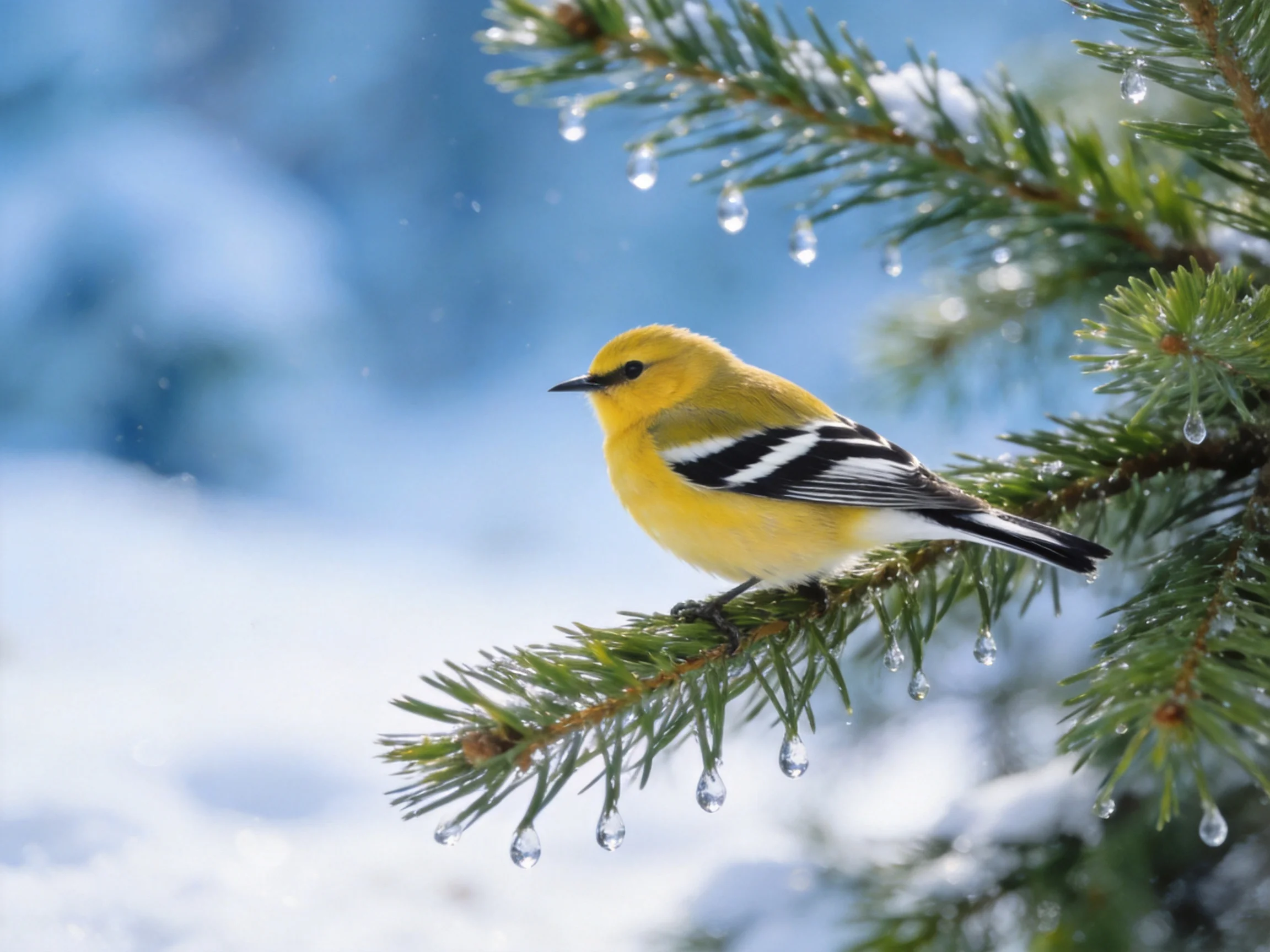 A bright yellow bird perched on snow-dusted pine branches with icicles