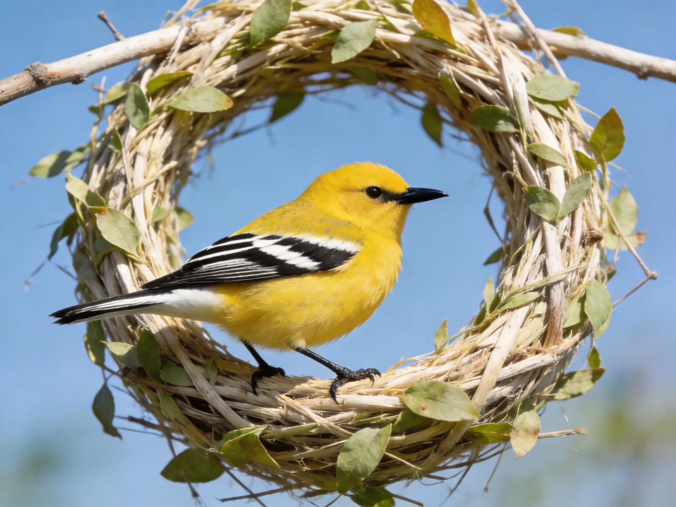 A bright yellow bird perches in a leaf-adorned straw wreath