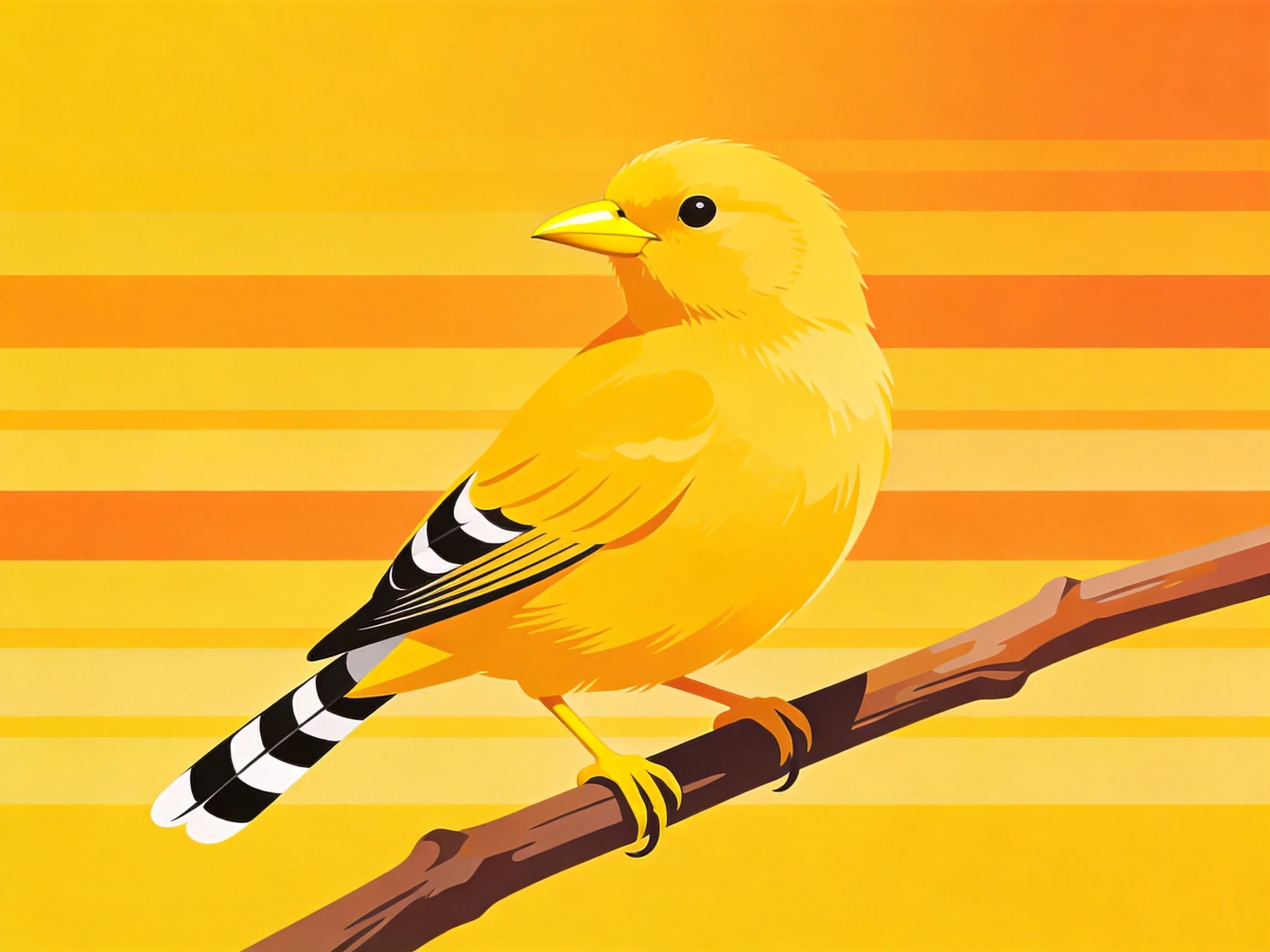 A bright yellow bird perches on a brown branch with orange stripes