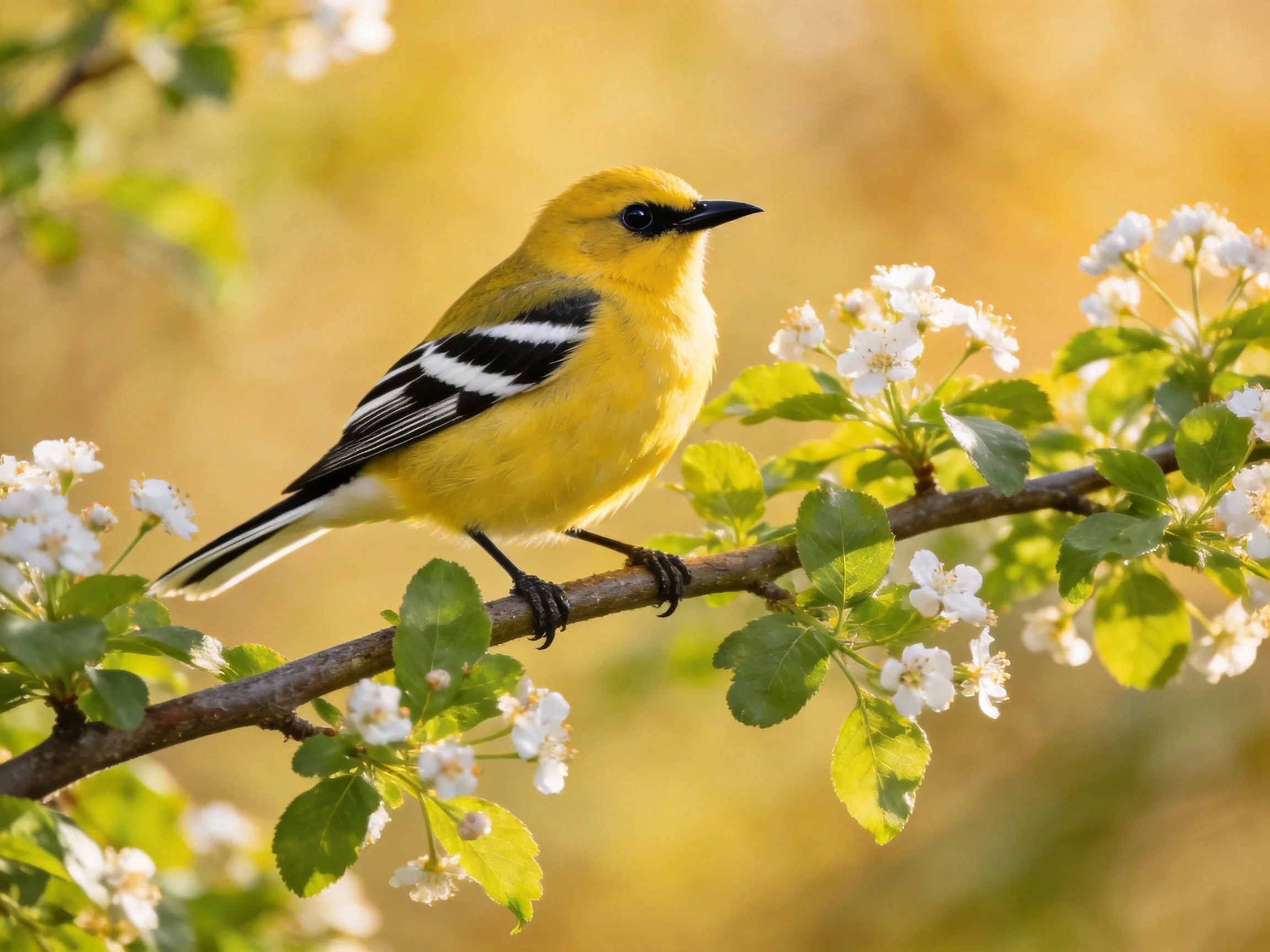 A small yellow bird rests on a branch with white flowers.
