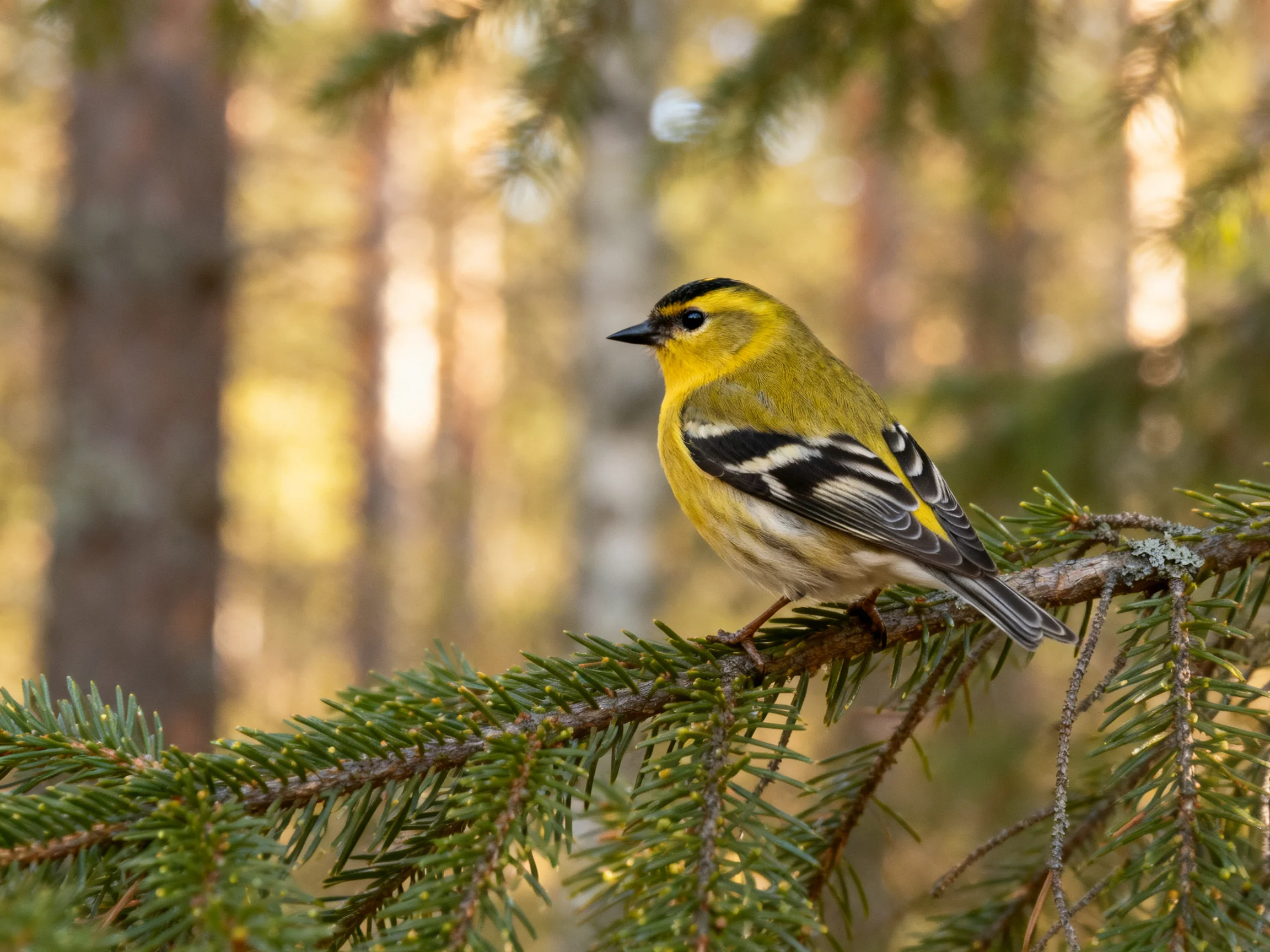A bright yellow bird perches on a green pine branch in a sunlit forest