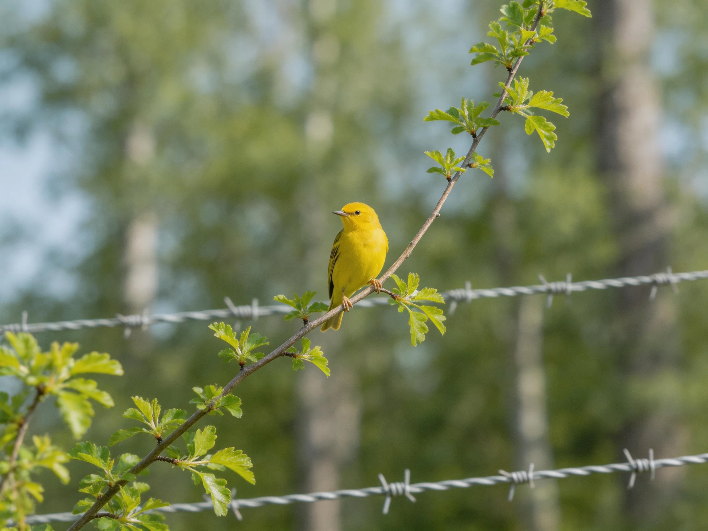 A bright yellow bird perches on a leafy branch near barbed wire