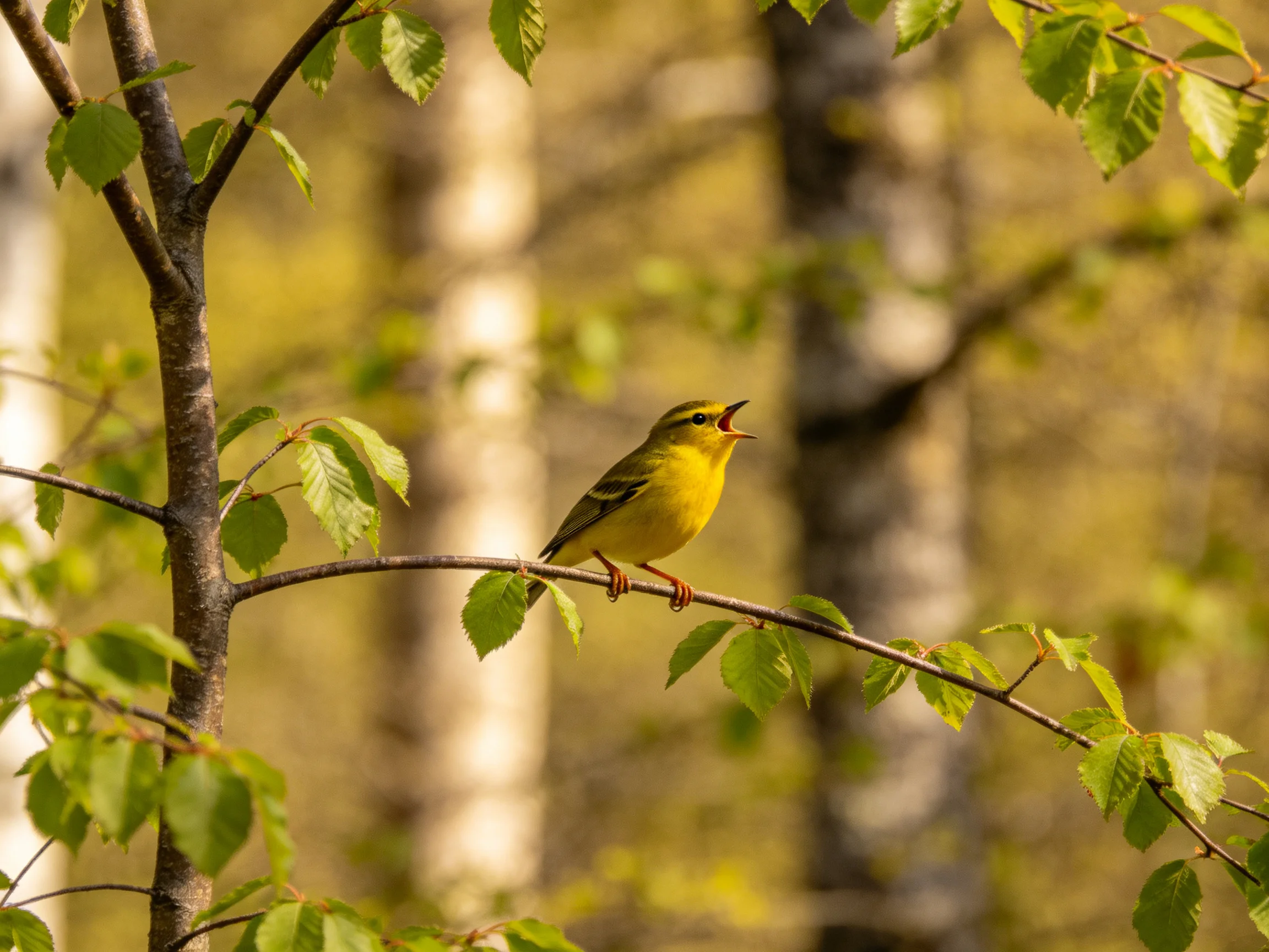 A bright yellow bird perches on a leafy forest branch
