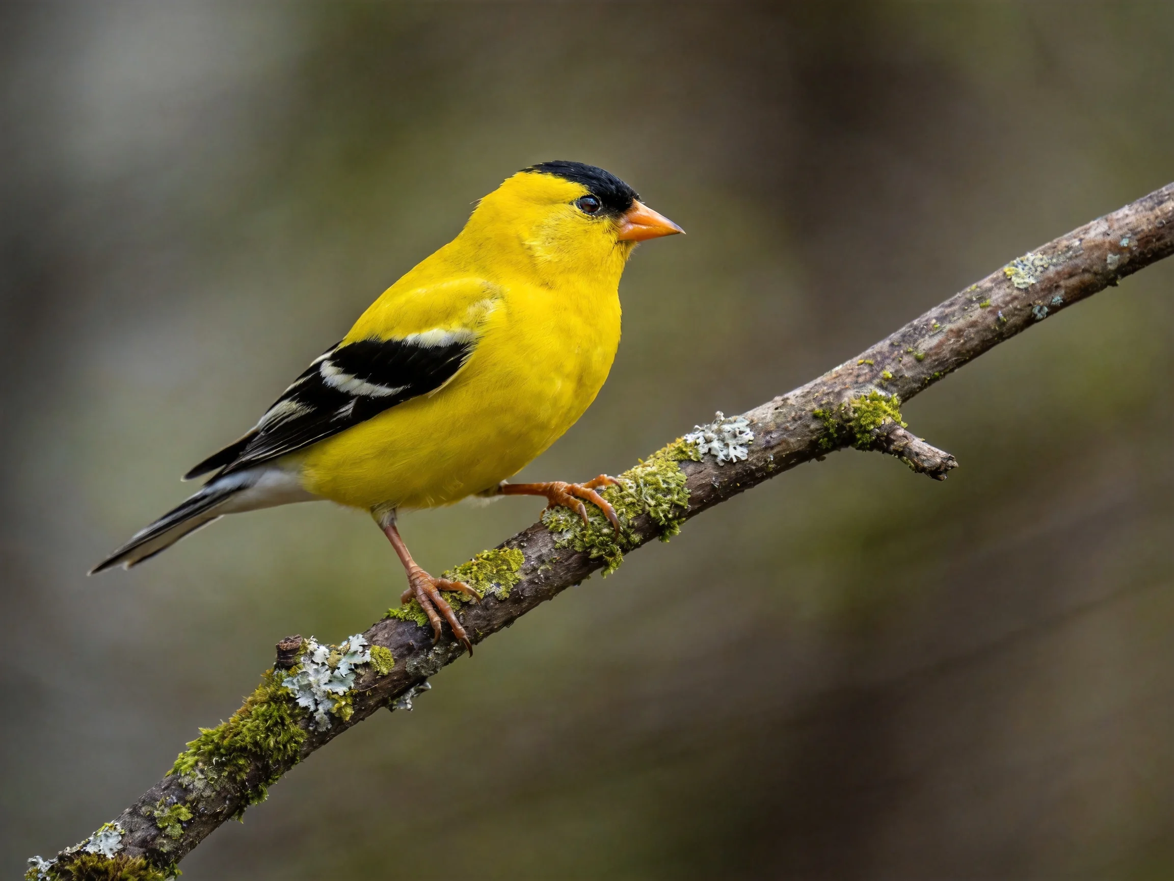 A bright yellow bird perches on a mossy, lichen-covered branch