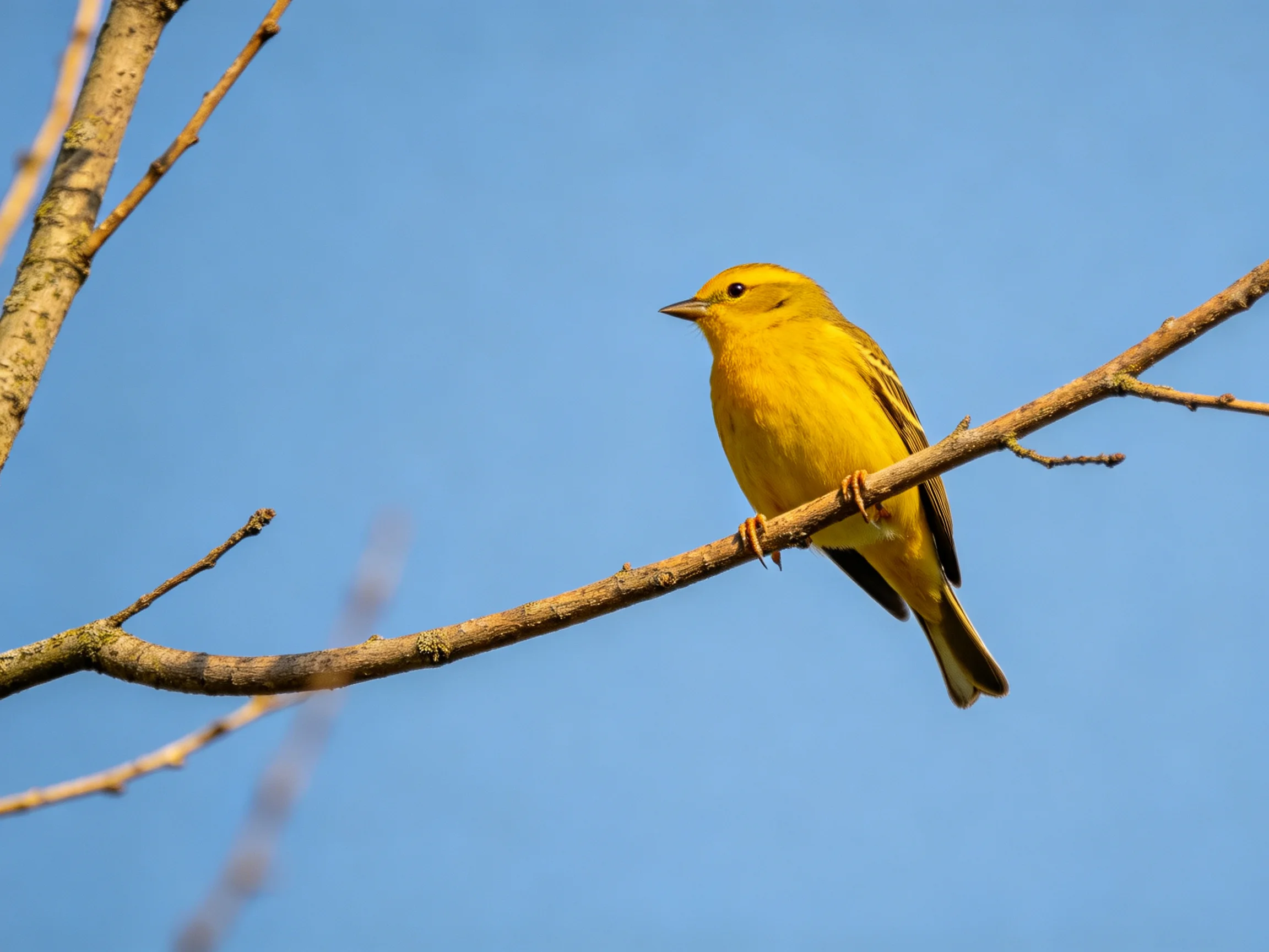 A bright yellow bird perches on a thin brown tree branch under clear blue sky