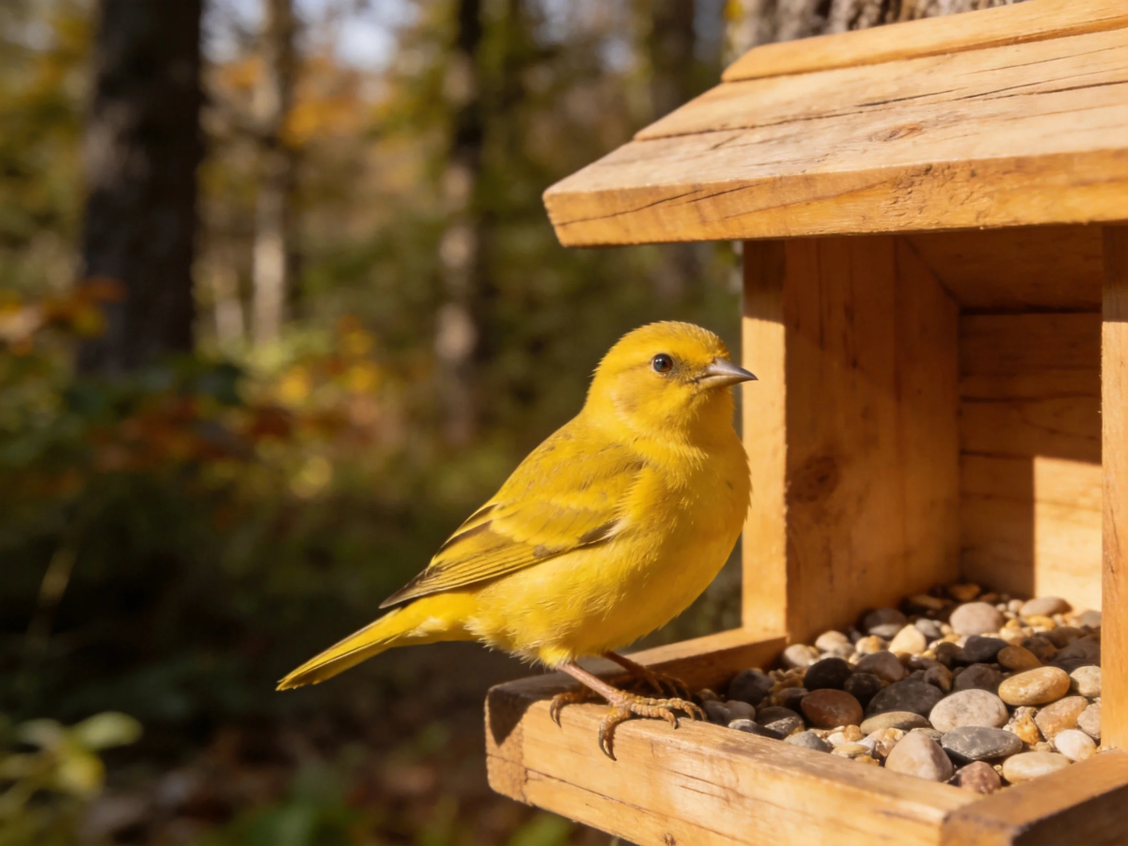 A bright yellow bird perches on a wooden feeder beside a forest
