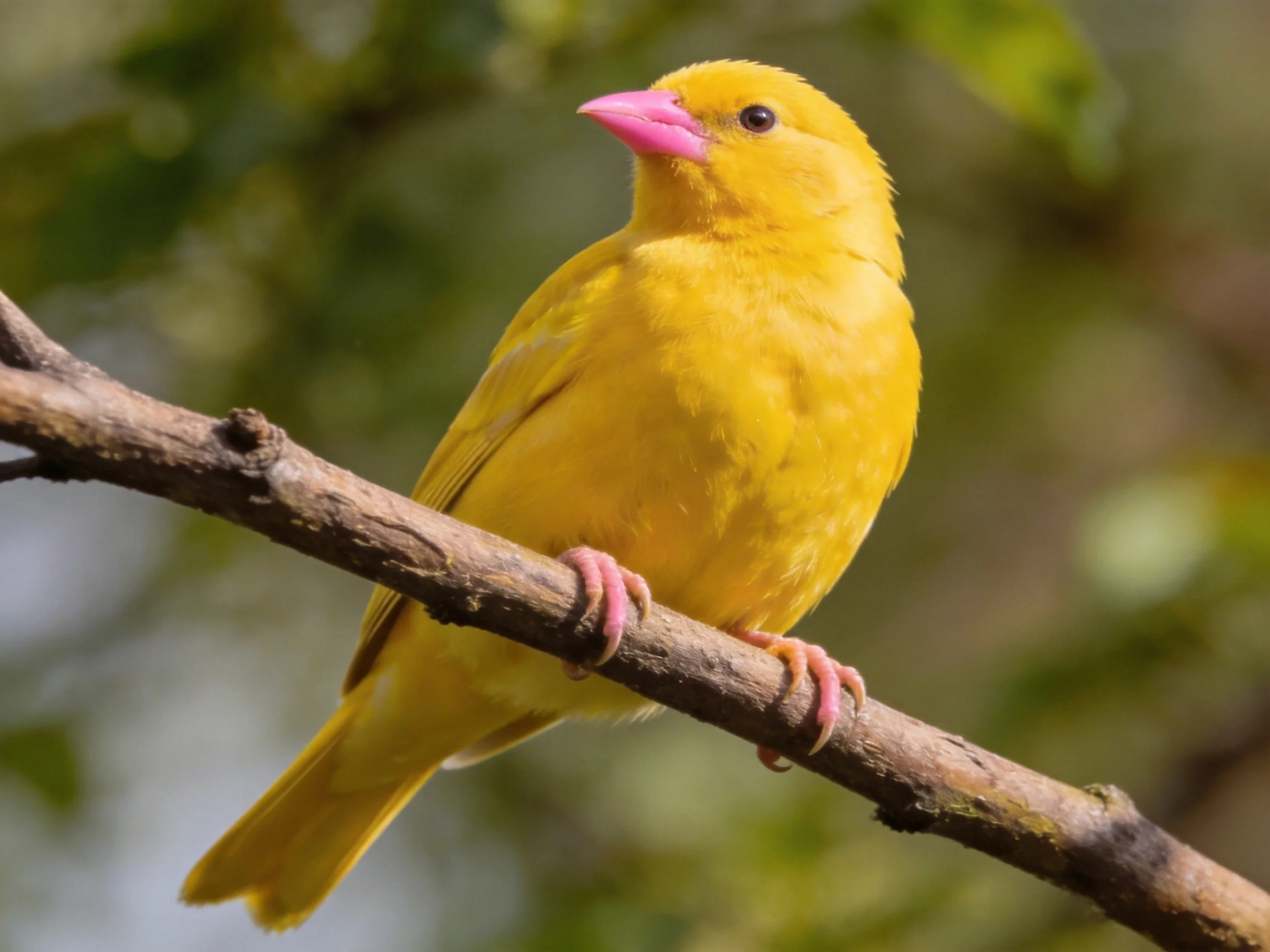 A bright yellow bird with a pink beak perches on a tree branch