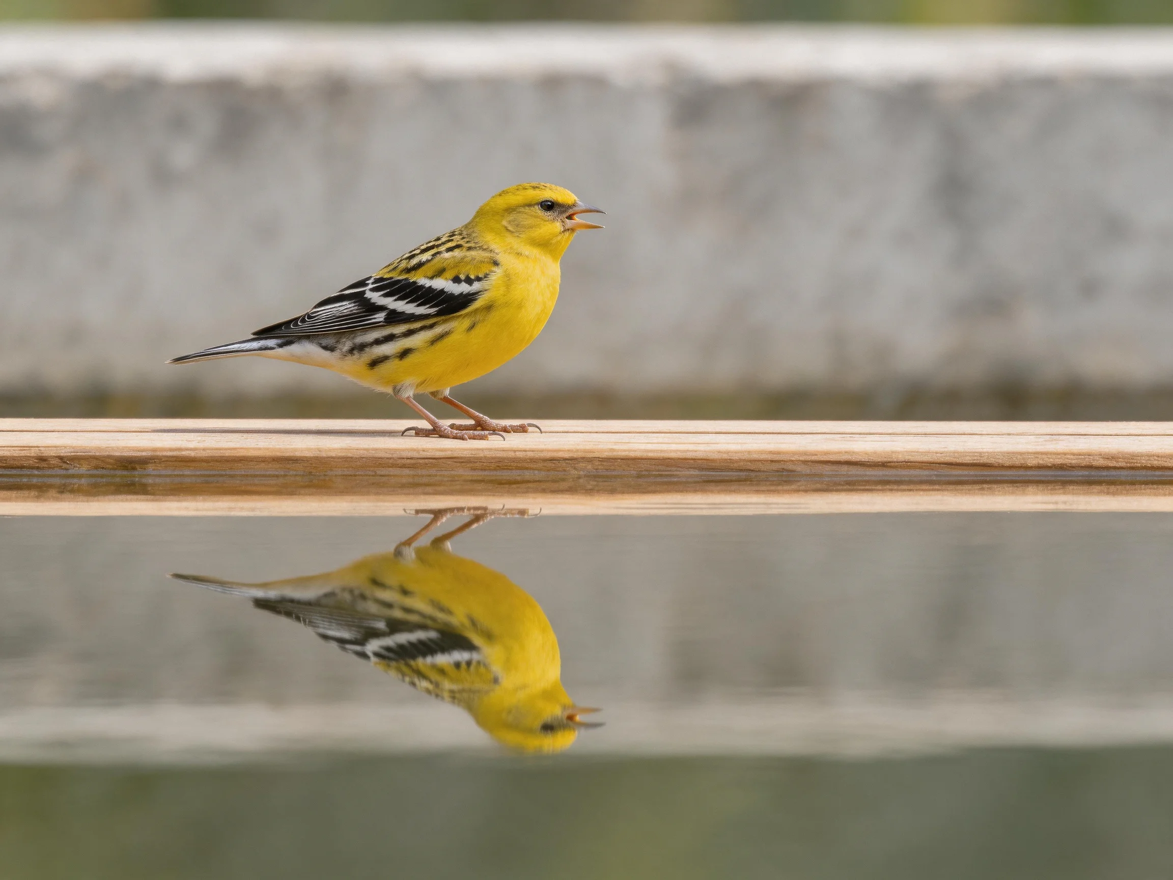 A bright yellow bird with black and white markings perches on wood near calm water