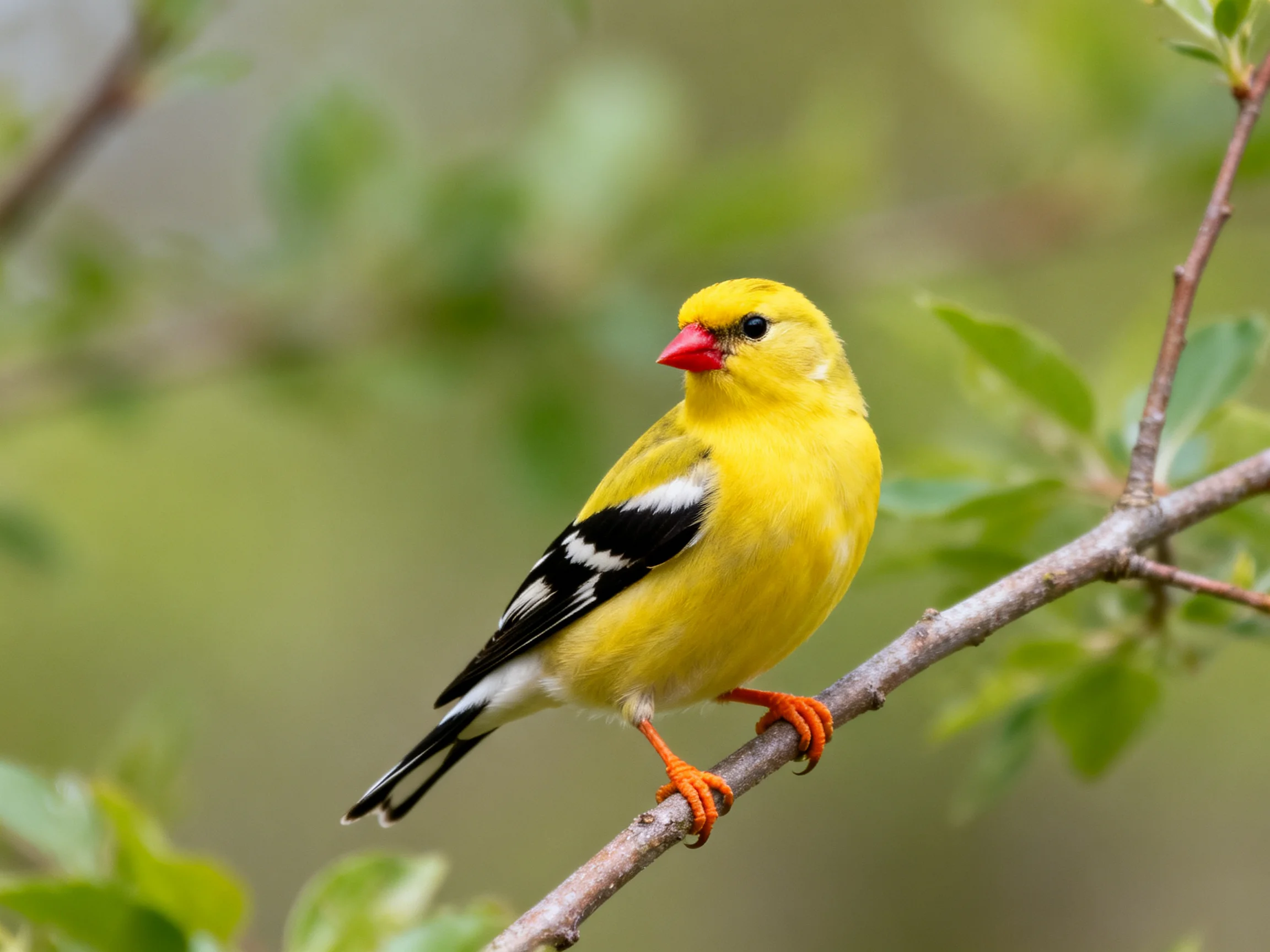 A bright yellow bird with black and white wings perches on a branch