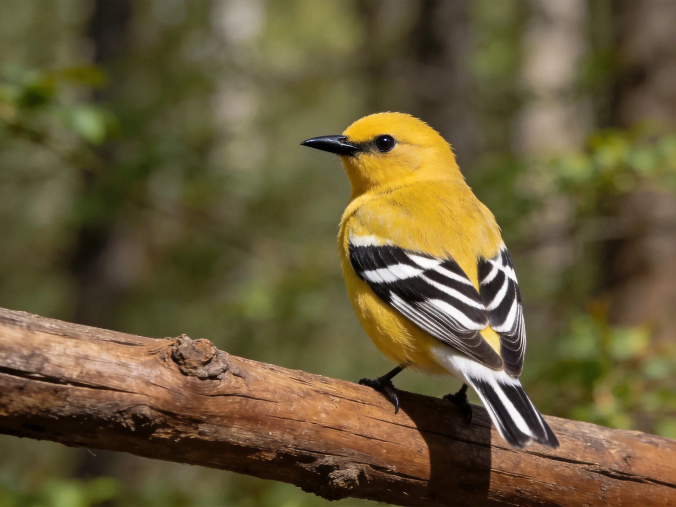 A bright yellow bird with black-and-white wing patterns perches on a weathered branch