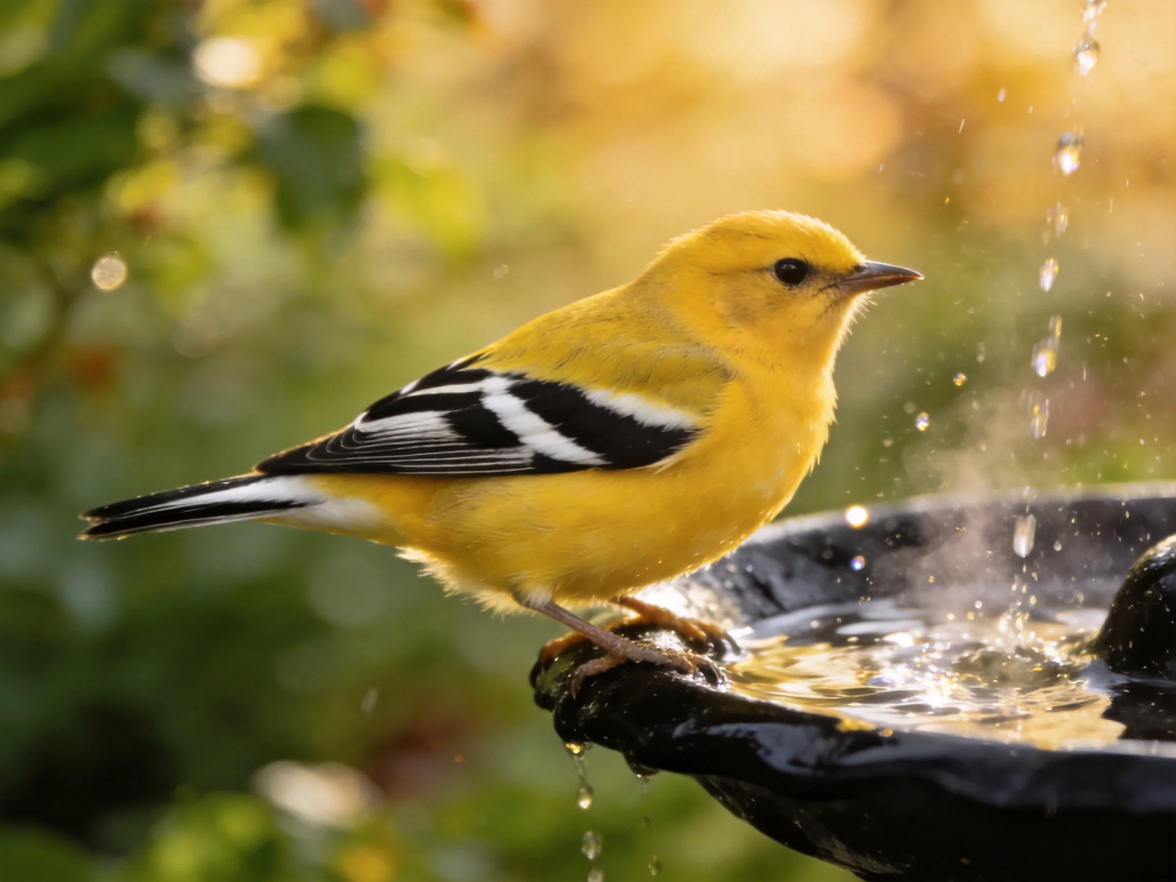 A bright yellow bird with black-and-white wings at a water fountain