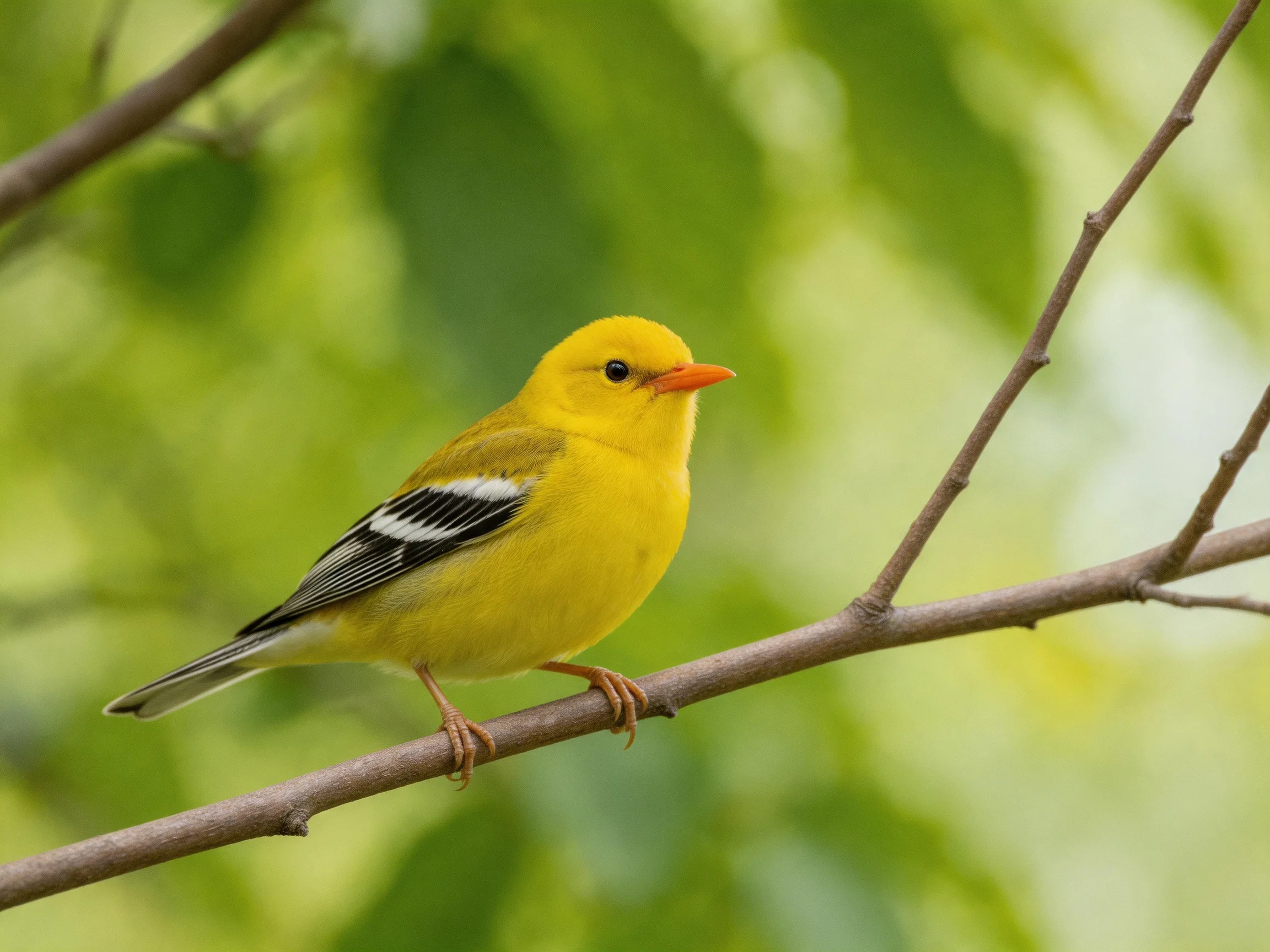 A small yellow bird with black and white wings rests on a branch