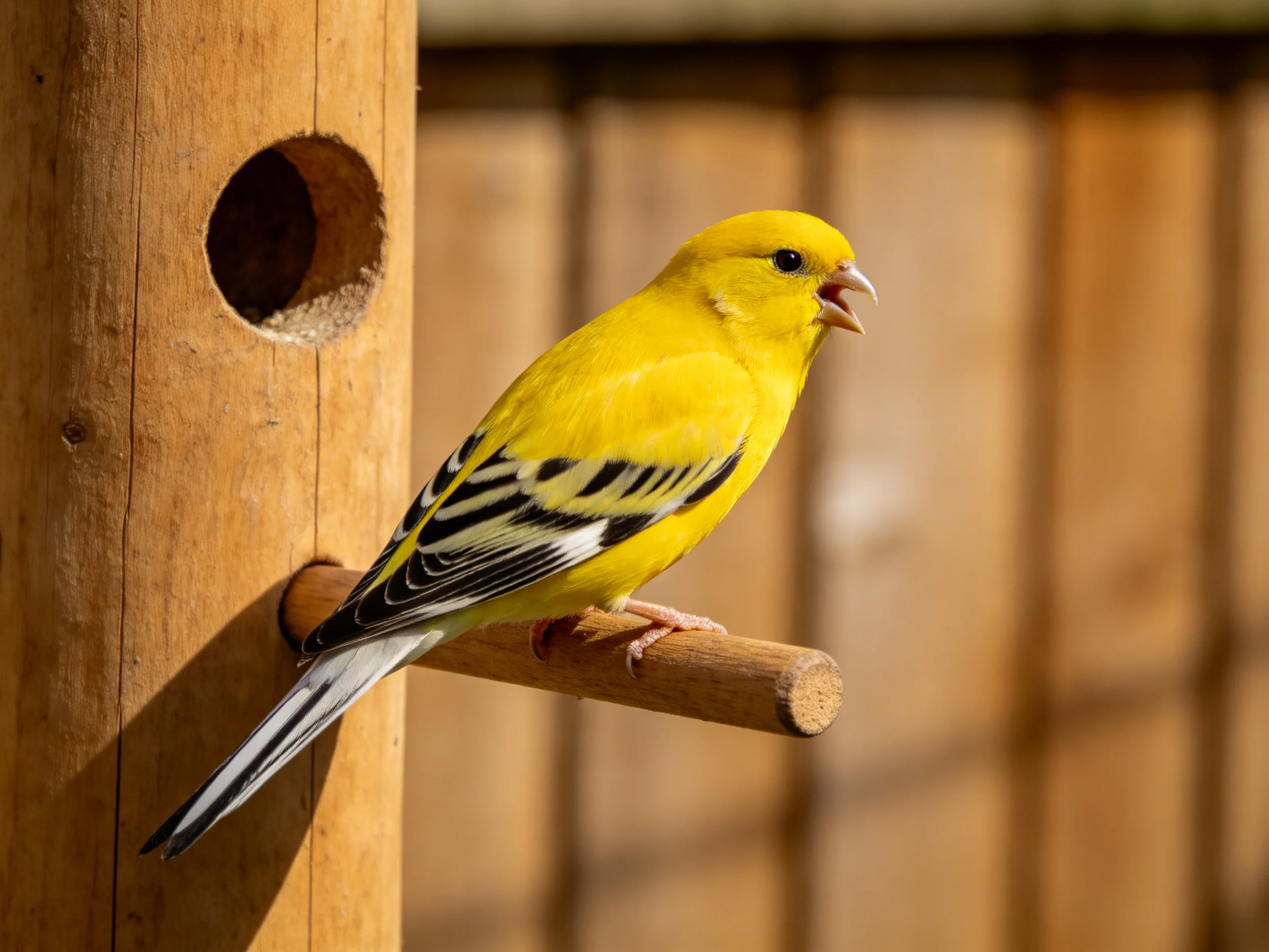 A vibrantly colored bird with patterned wings rests on a wooden perch near a circular opening.