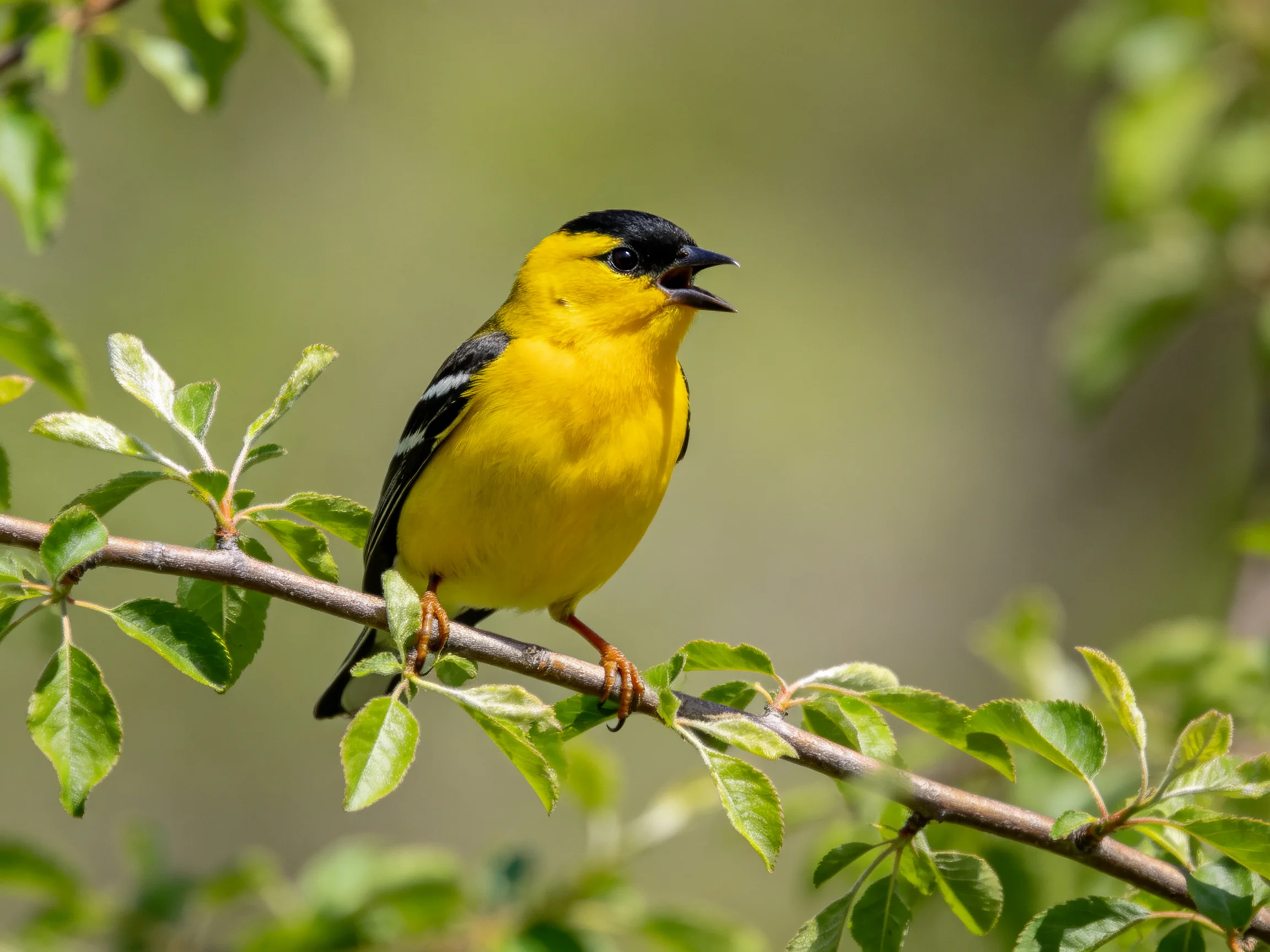 A small bird with yellow and black plumage perches on a leafy branch.