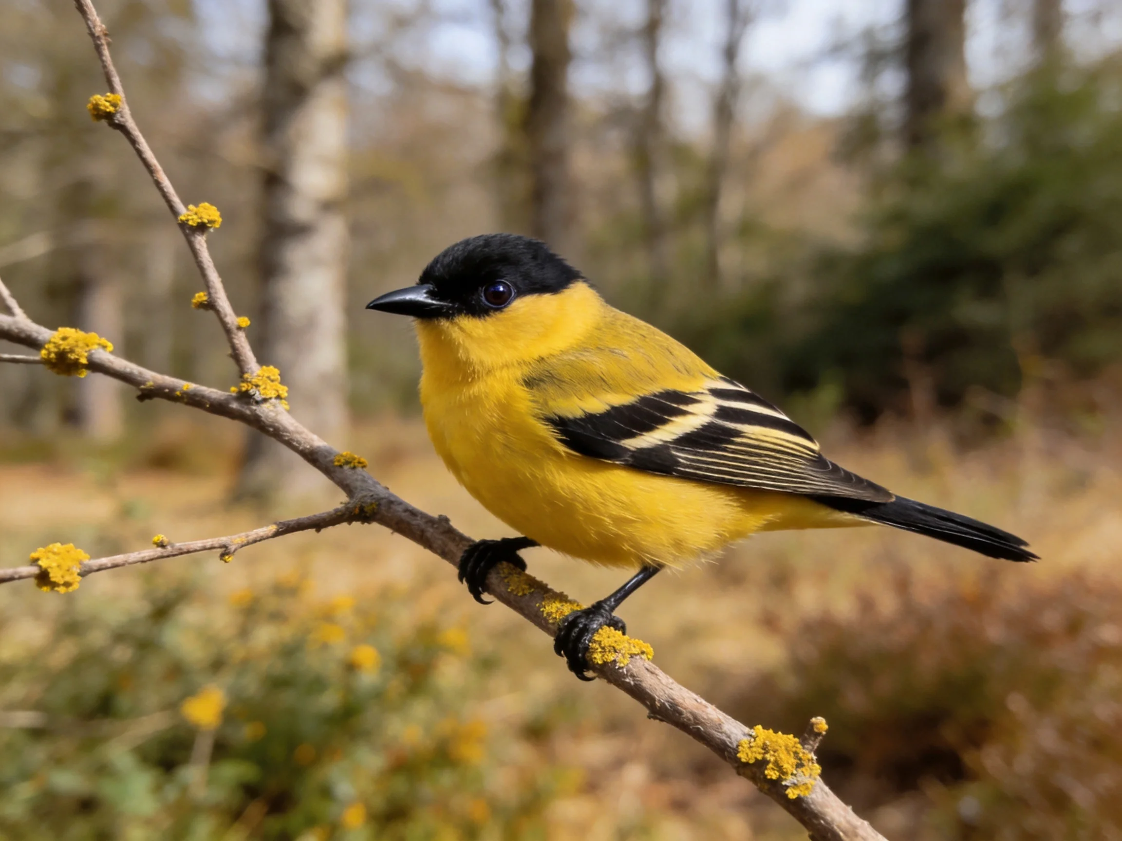 A bright yellow bird with black markings perches on a lichen-dotted branch