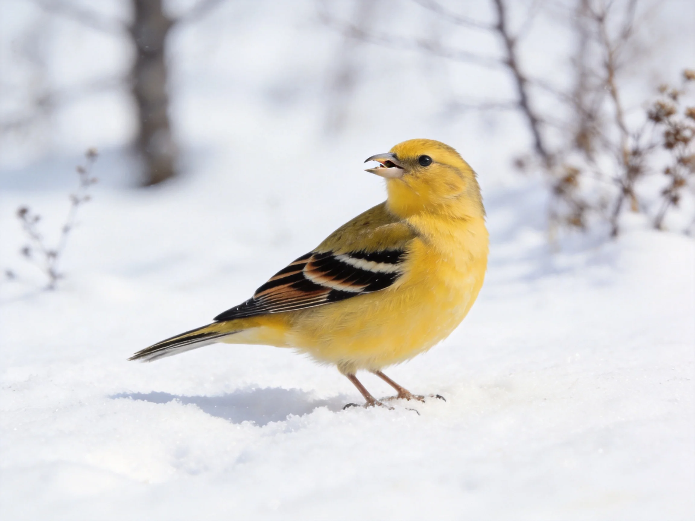 A bright yellow bird with black-striped wings on snow