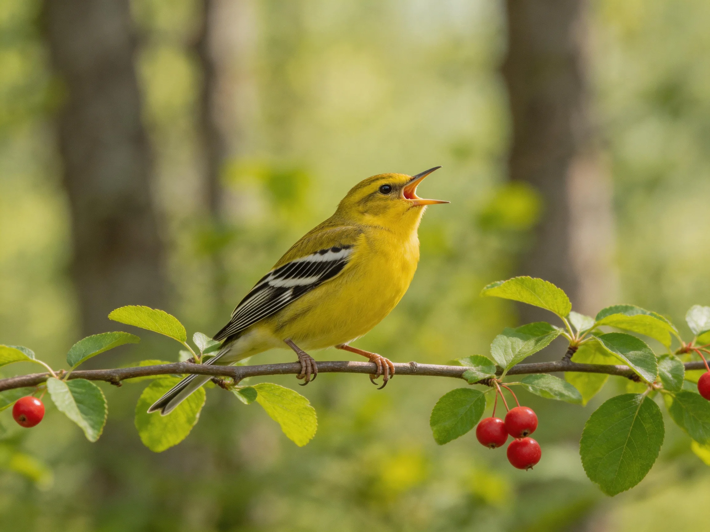 A bright yellow bird with black-striped wings perches on a berry branch.