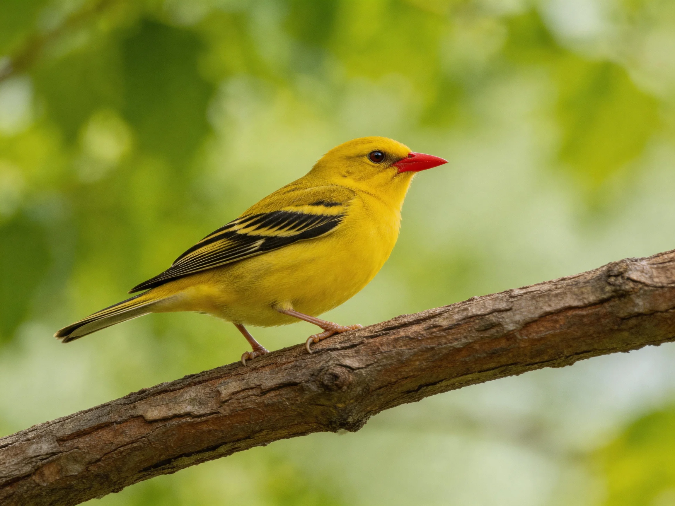 A bright yellow bird with black wing details perches on a brown tree branch.