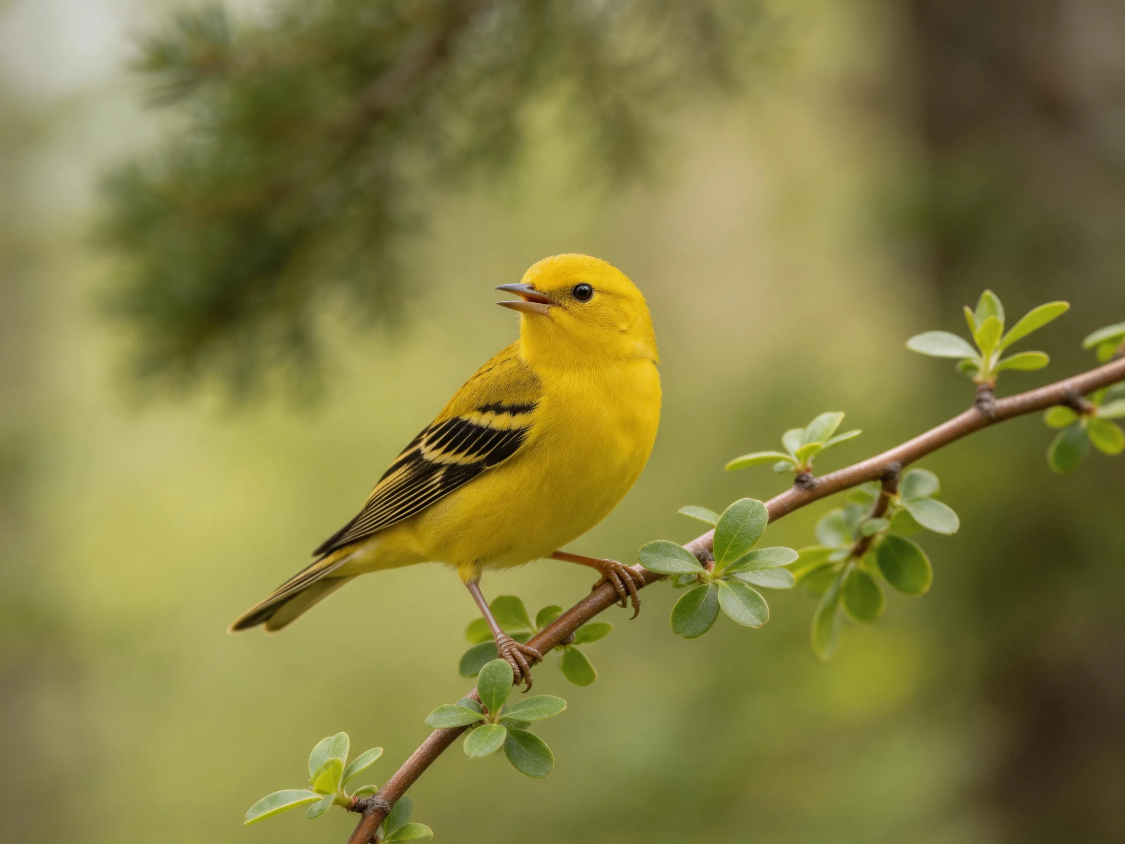 A bright yellow bird rests on a leaf-covered branch amid greenery.