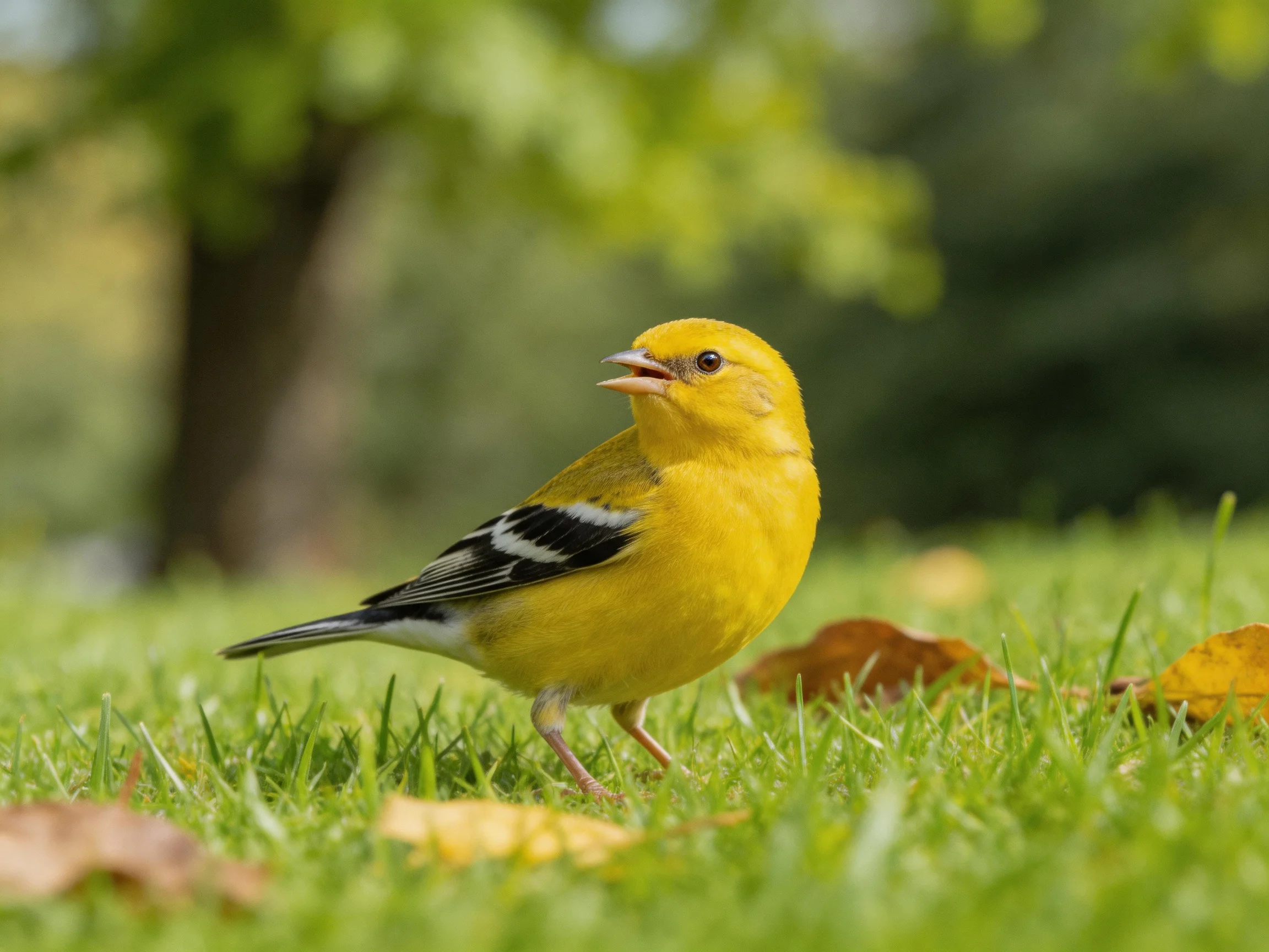 A bright yellow bird with black wing patches on green grass
