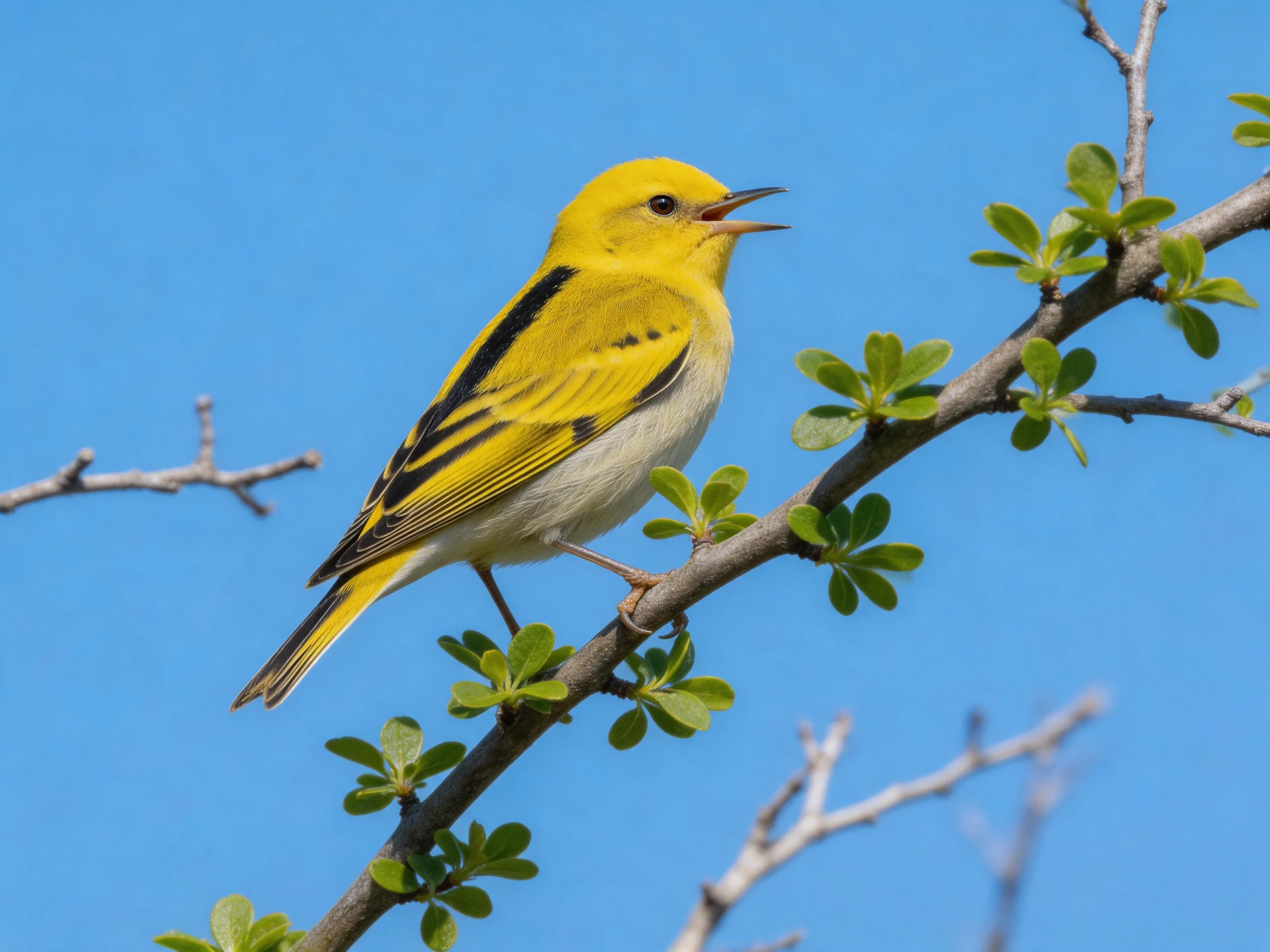A single bright yellow bird with black wing stripes perches on a leafy branch against a clear blue sky.