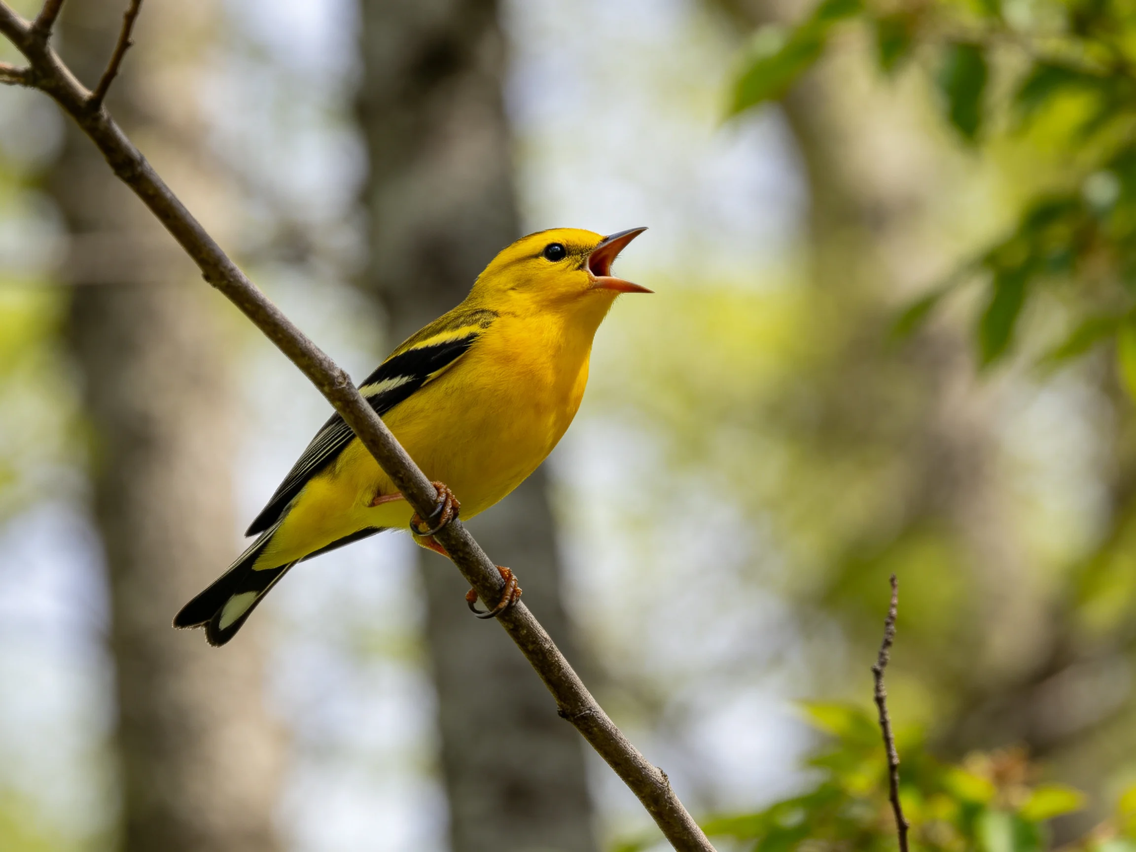 A yellow bird with black markings rests on a branch in a wooded area.
