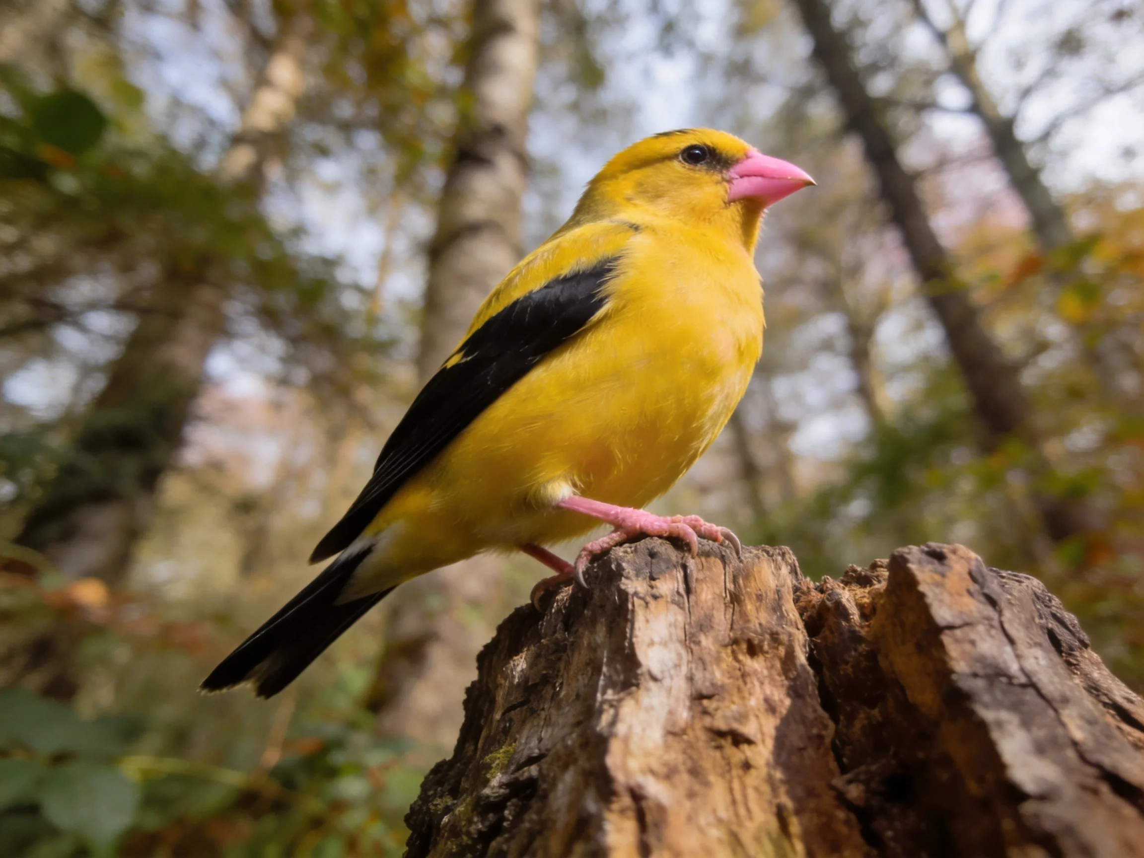 A bright yellow bird with black wings perches on a weathered tree stump