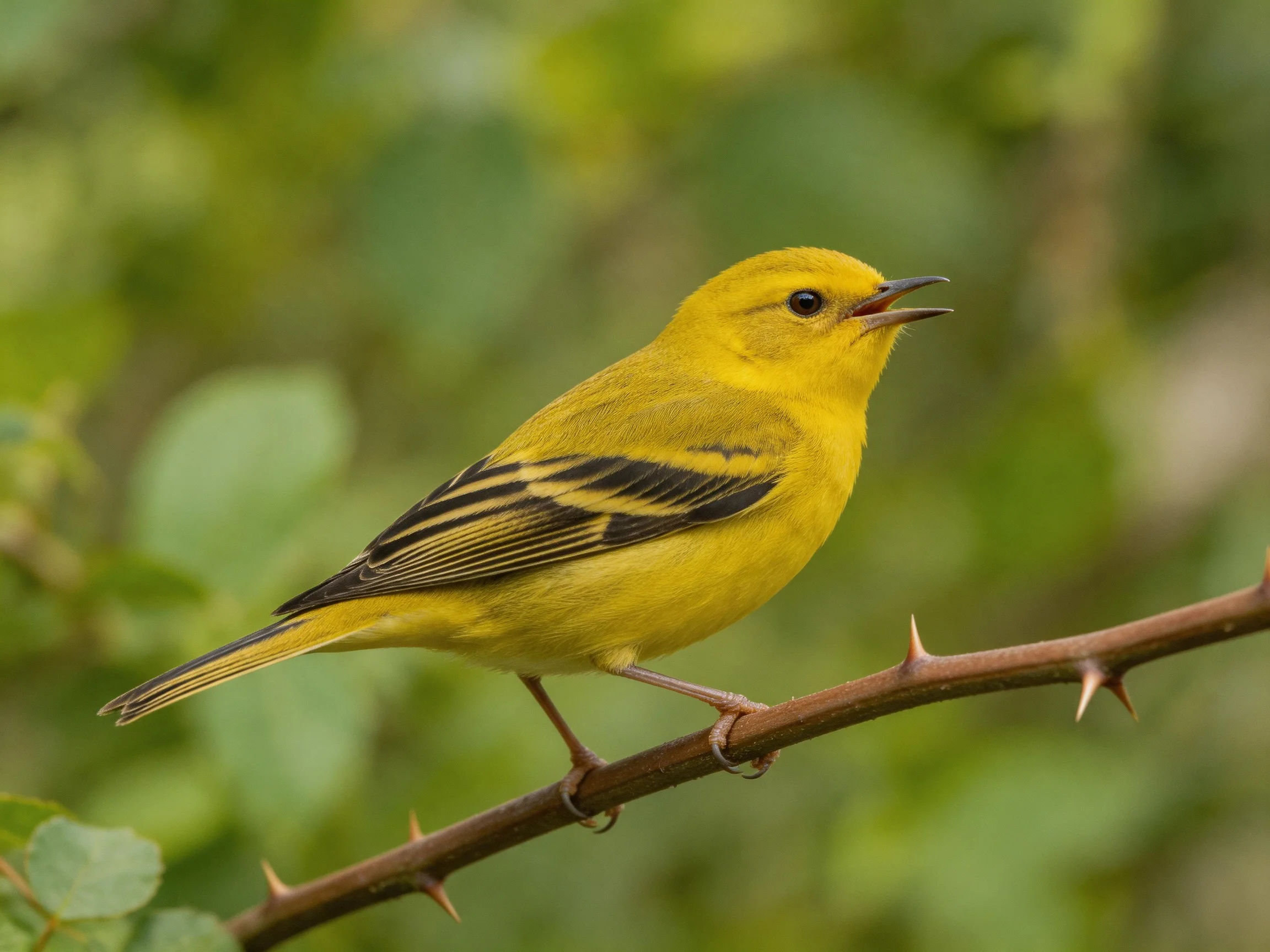 A bright yellow bird with dark wing stripes perches on a thorny branch