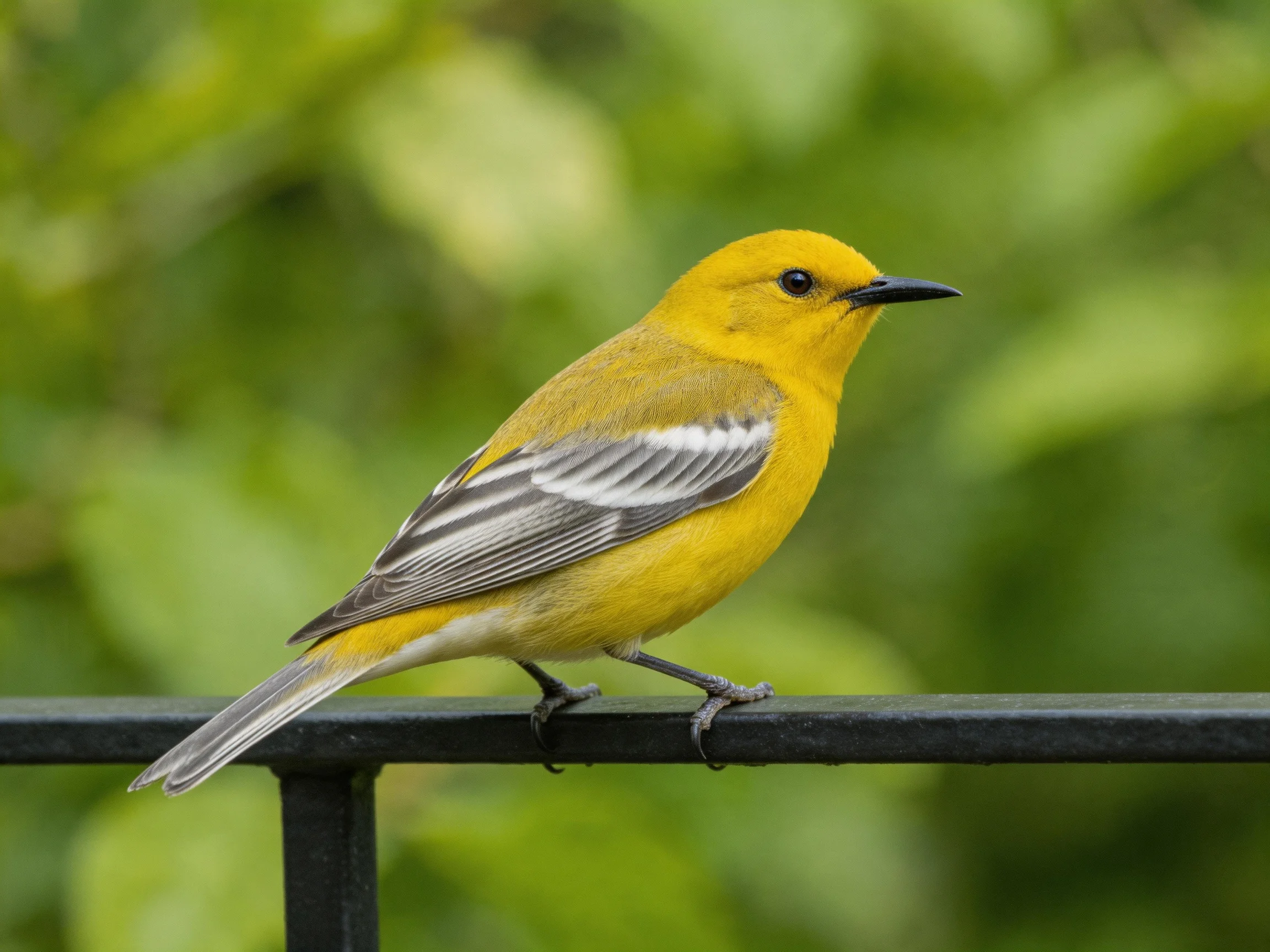 A bright yellow bird with gray wing patches perched on a dark railing