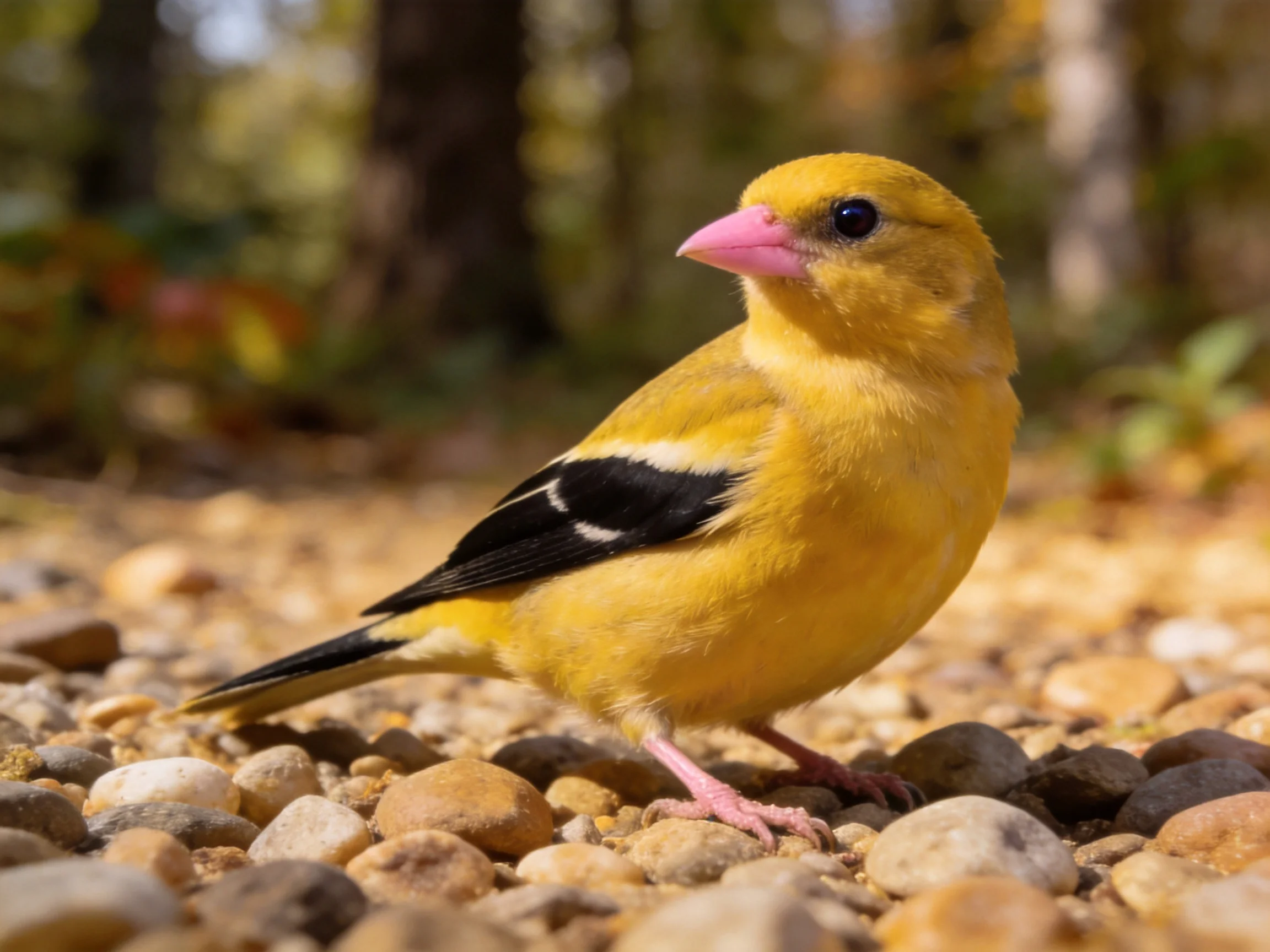 A bright yellow bird with pink beak on pebbly ground