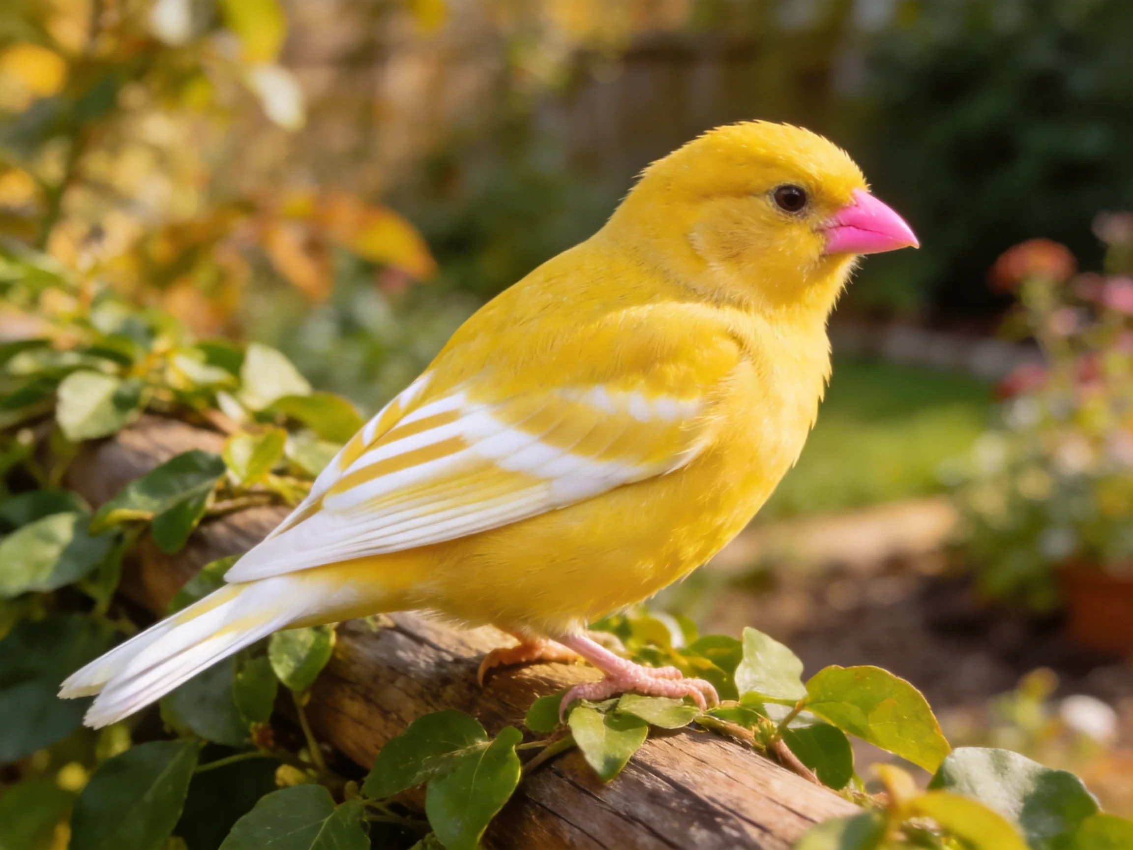 A bright yellow bird with white wing markings perches on a wooden fence