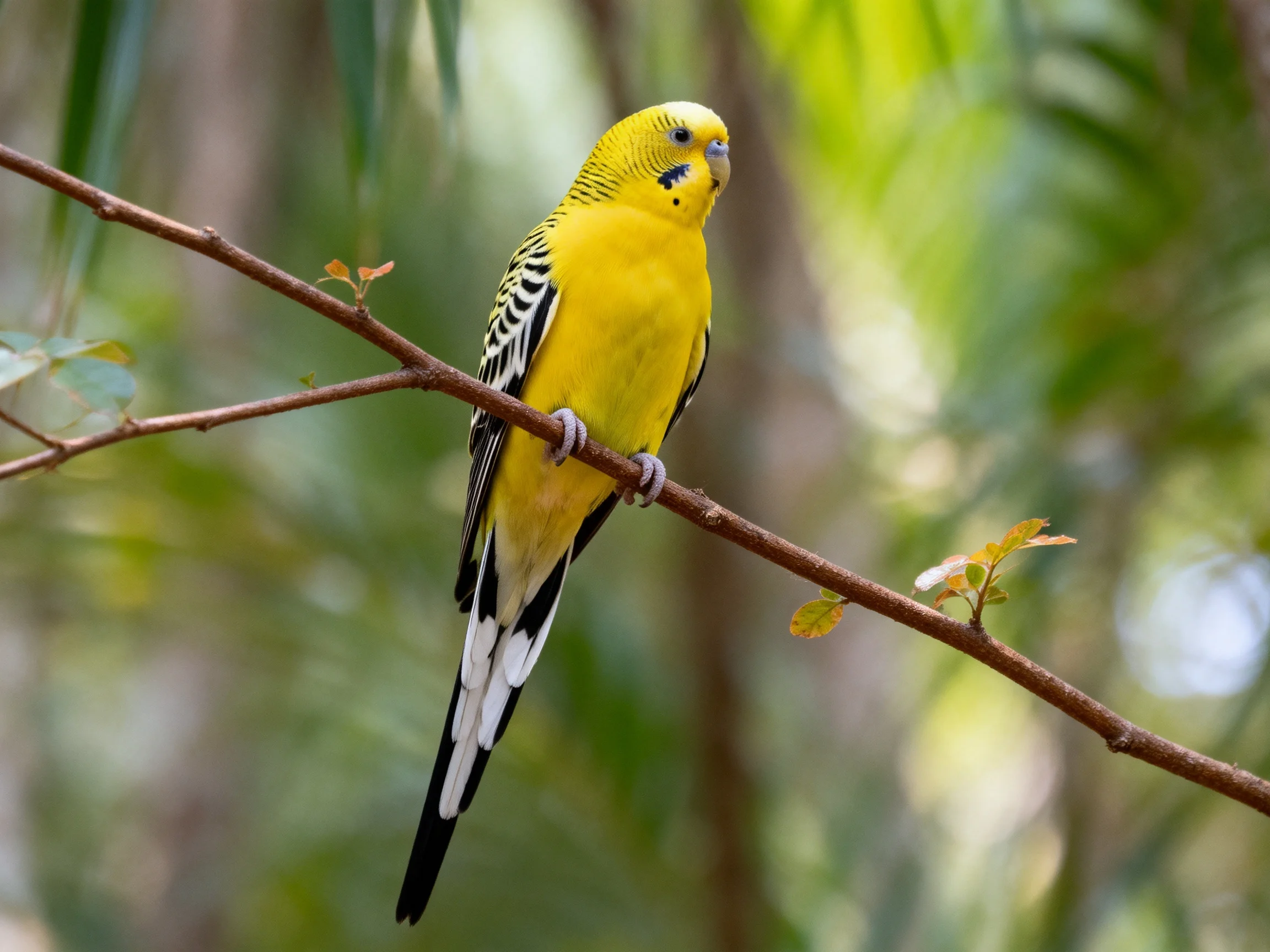 A bright yellow budgie with black and white markings perches on a branch