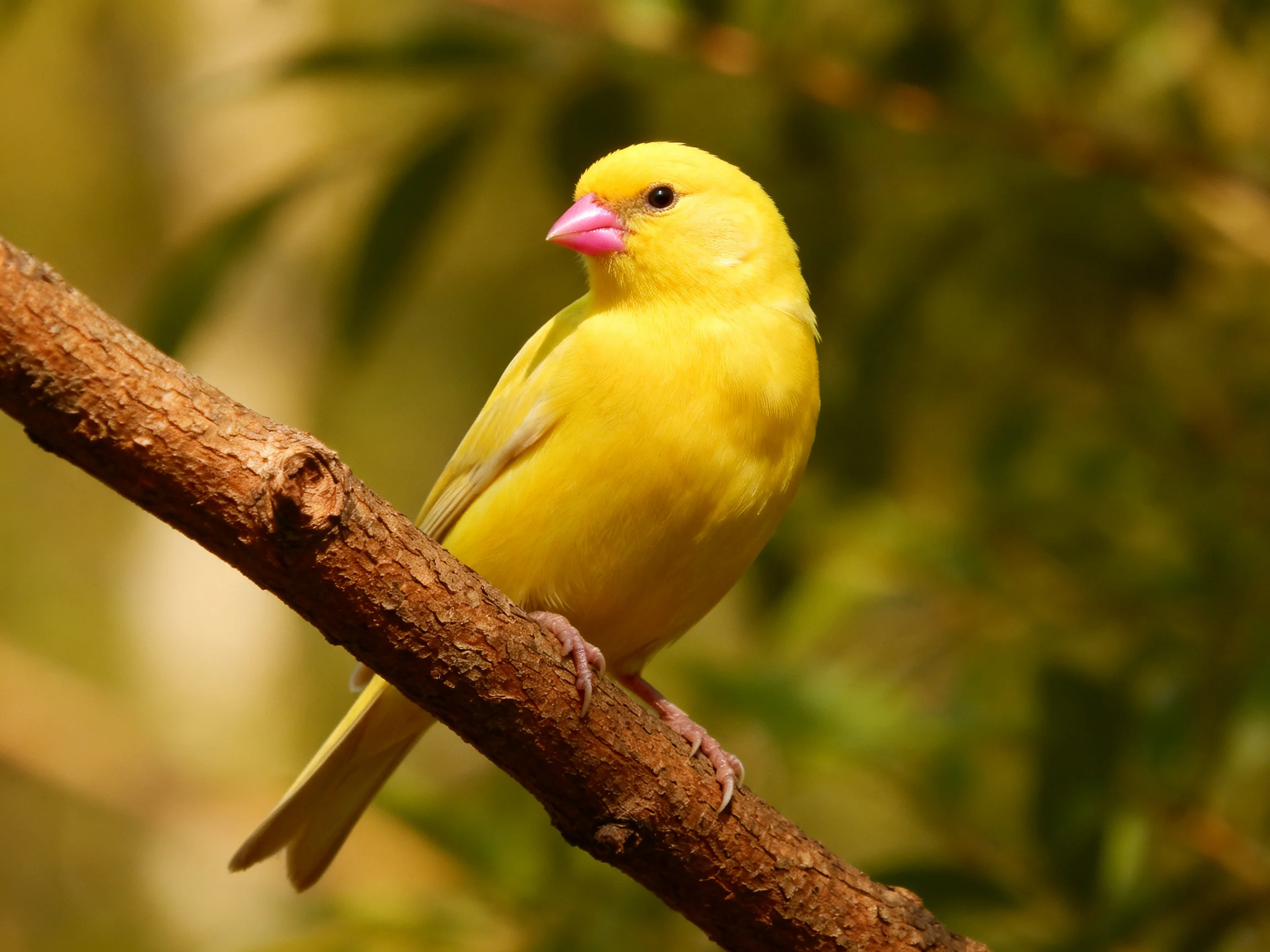 A bright yellow canary perched on a brown tree branch
