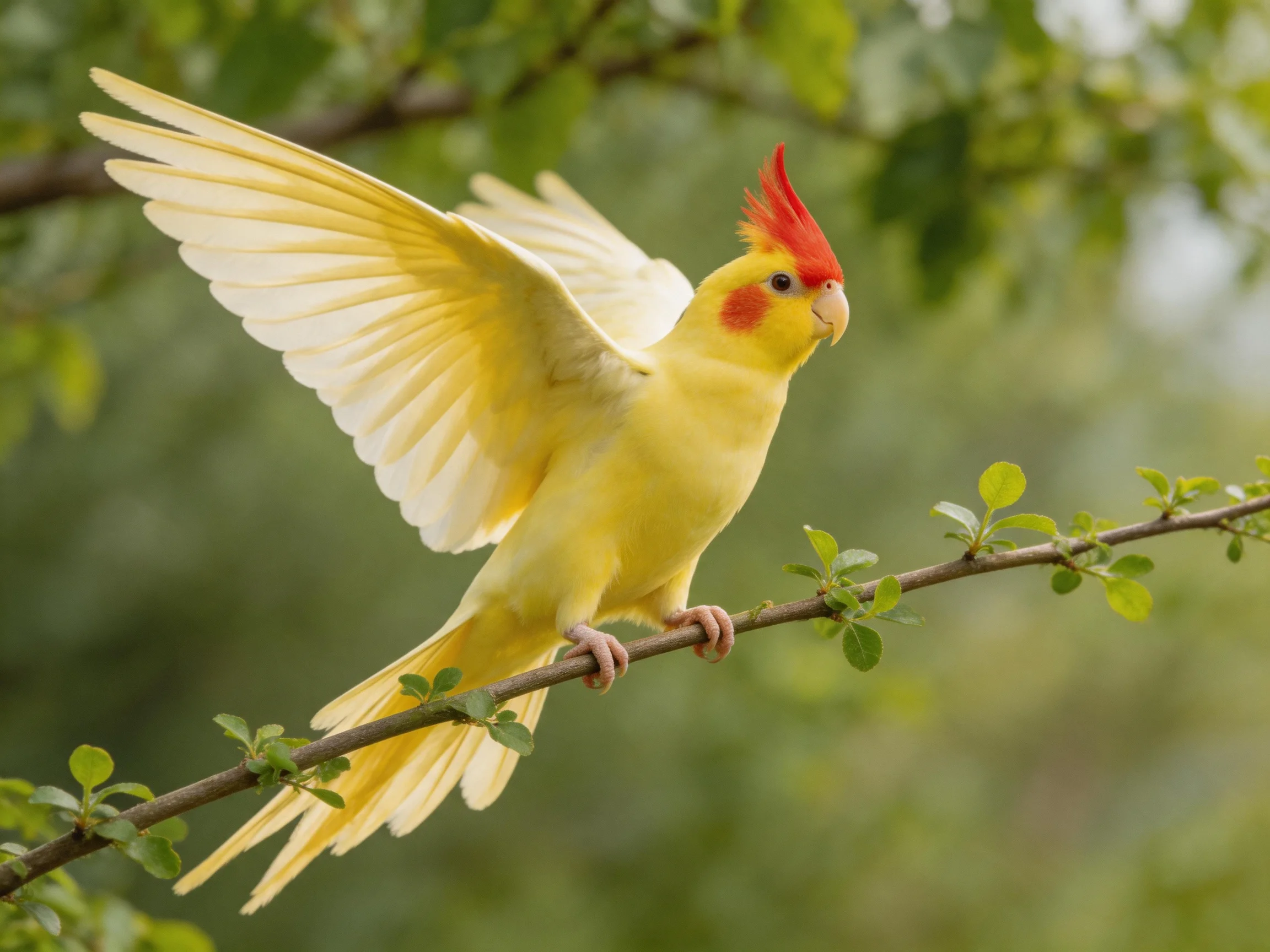 A bright yellow cockatiel with red crest perches on a leafy branch