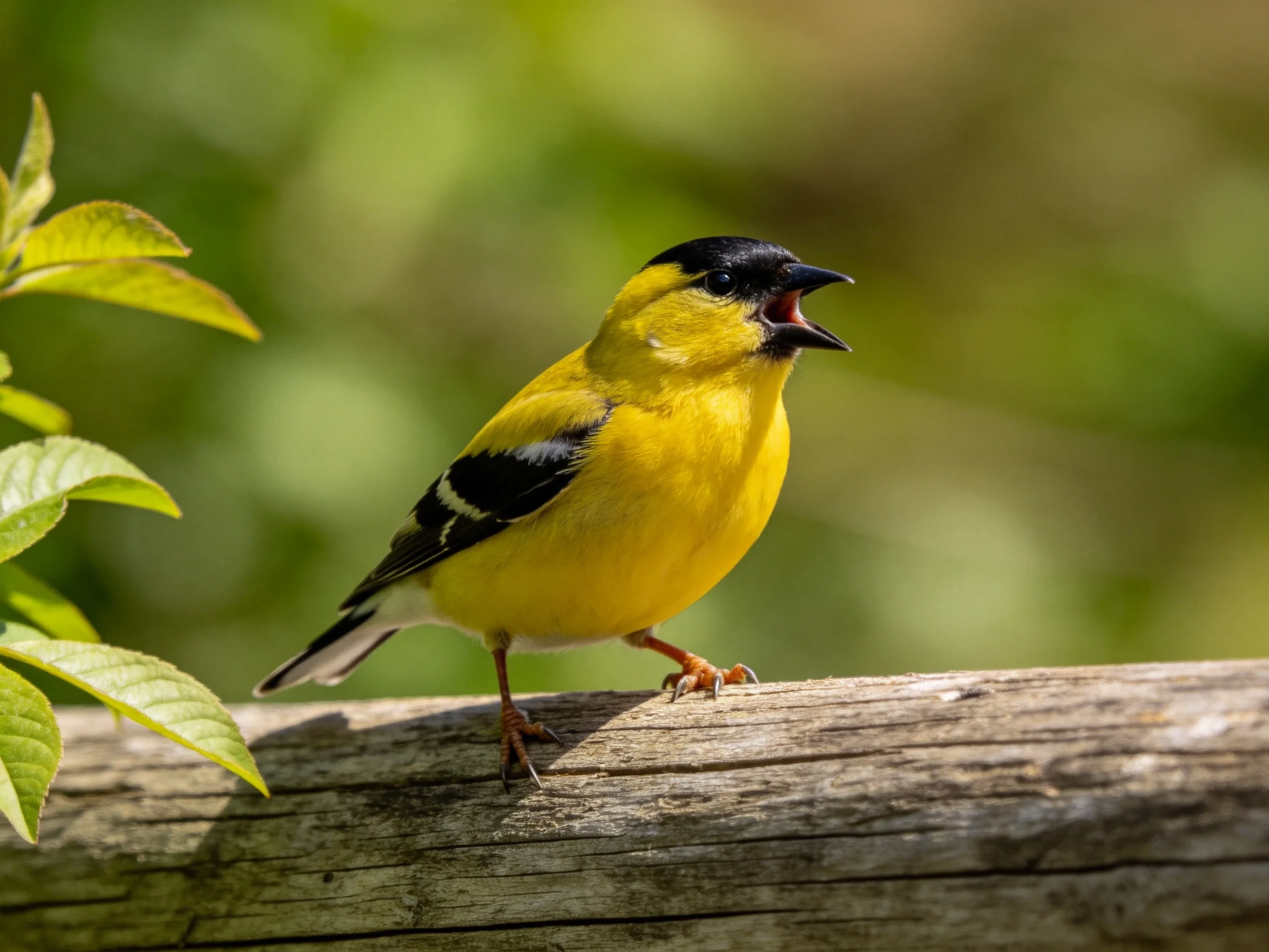 A bright yellow goldfinch perched on a weathered wooden log