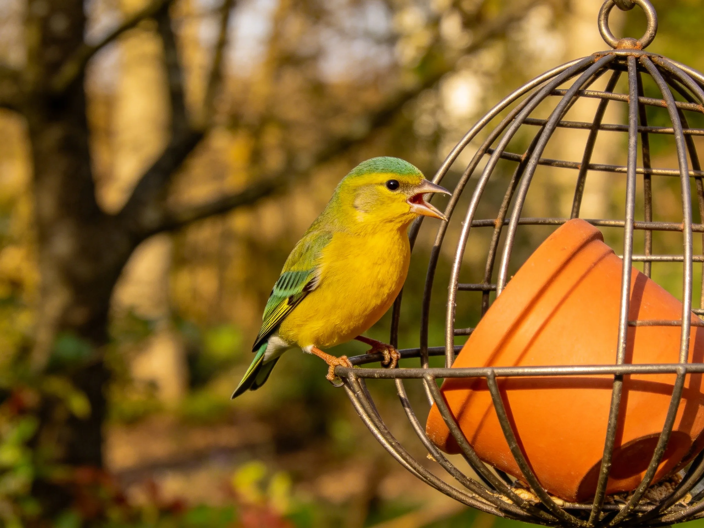 A bright yellow-green bird perches on a wire cage feeder with an orange container