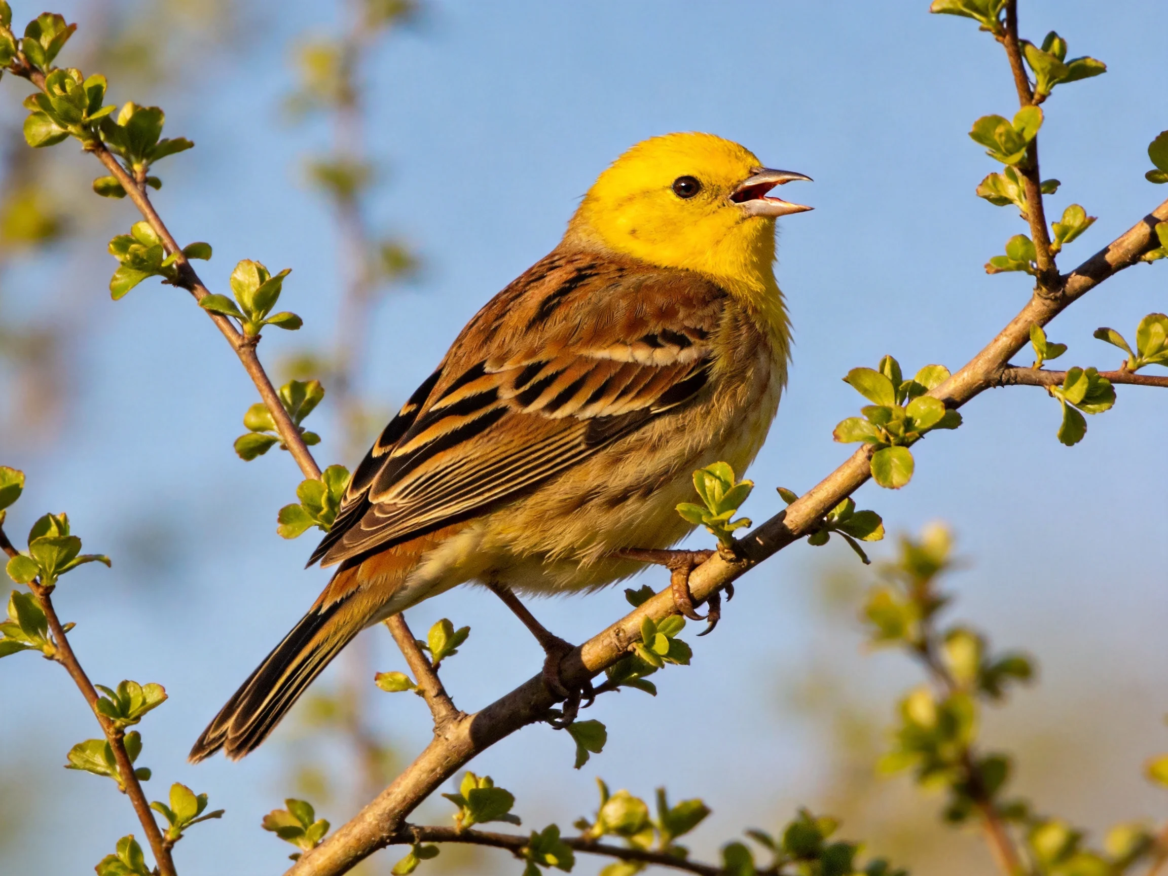 A bright yellow-headed songbird perched on budding branches
