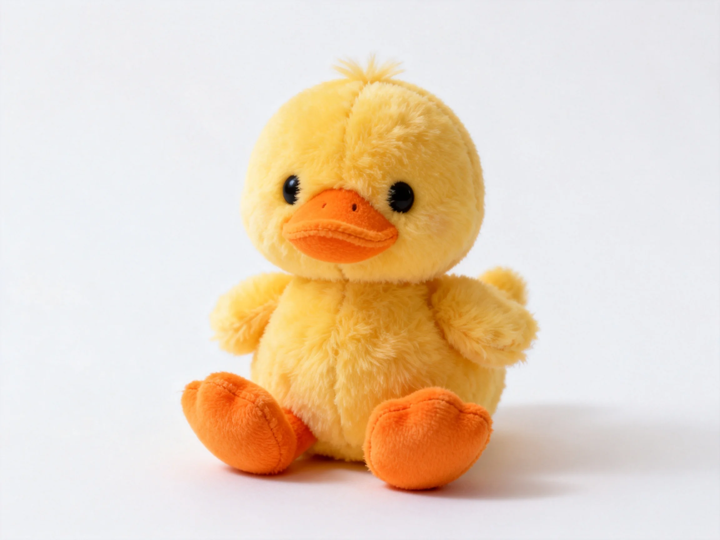 A bright yellow plush duck toy with orange beak and feet
