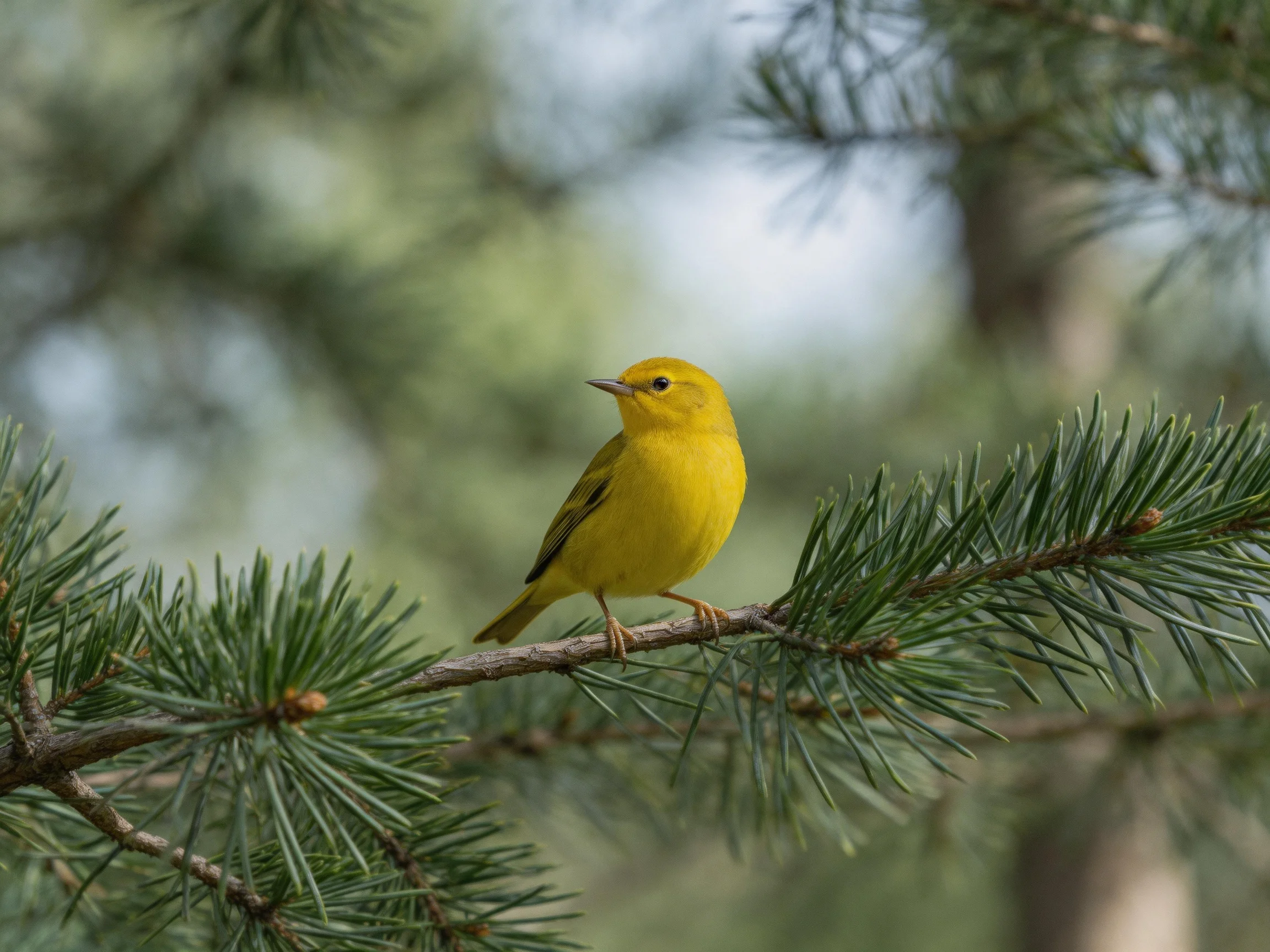 A bright yellow songbird perched on a green pine branch