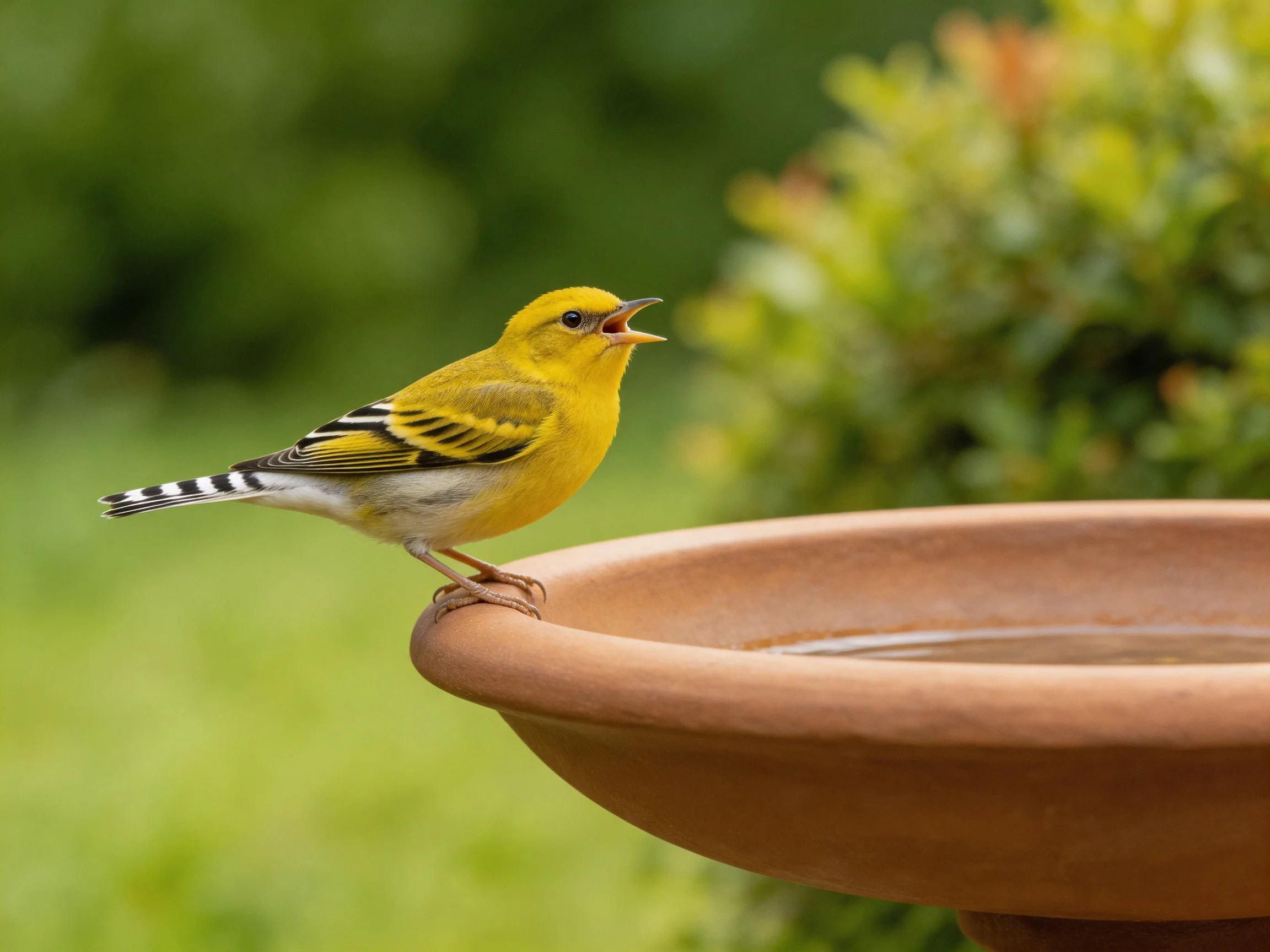 A bright yellow songbird perches on a terracotta birdbath in a lush green garden