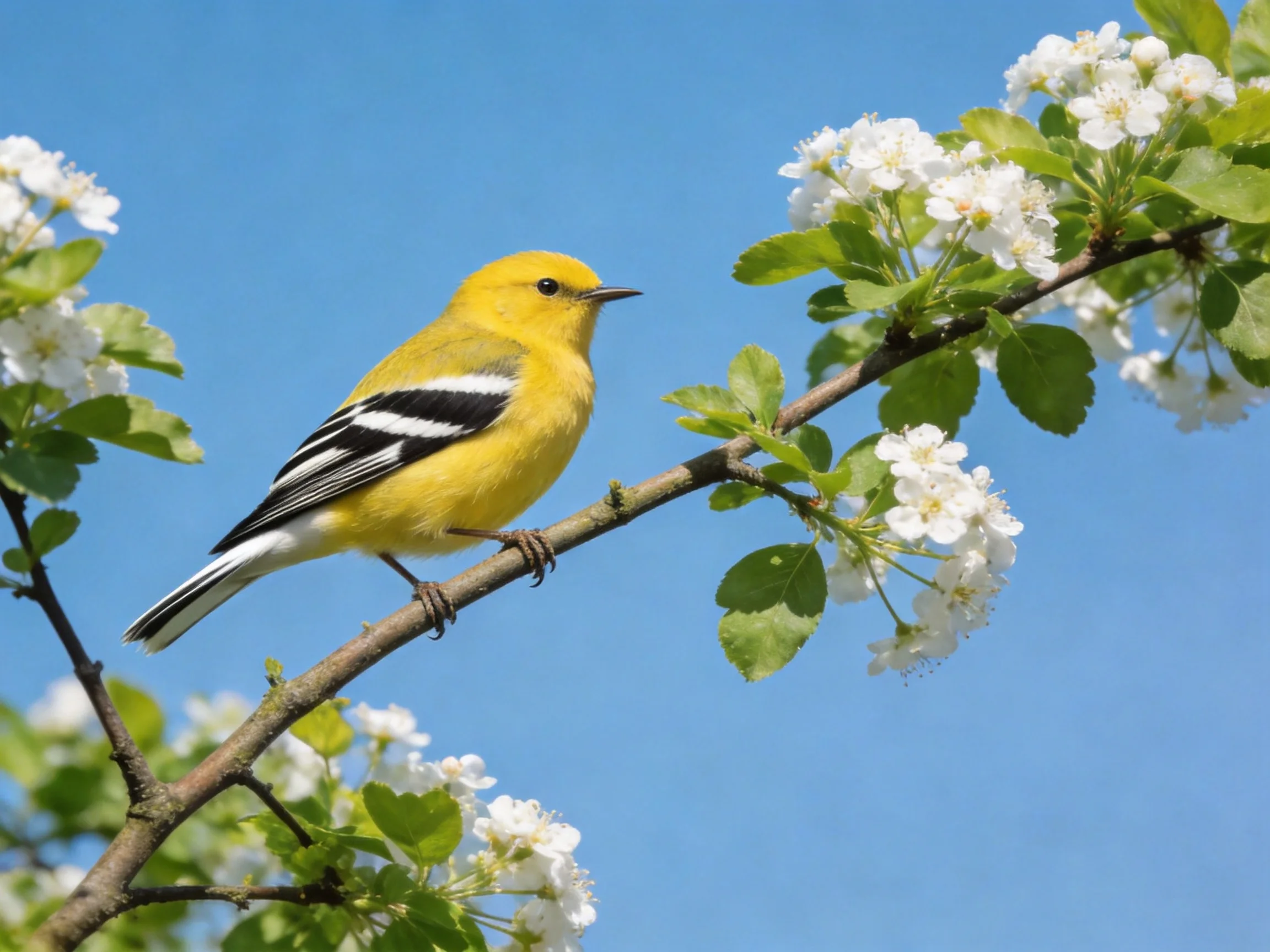 A bright yellow warbler perched on flowering branch against clear blue sky