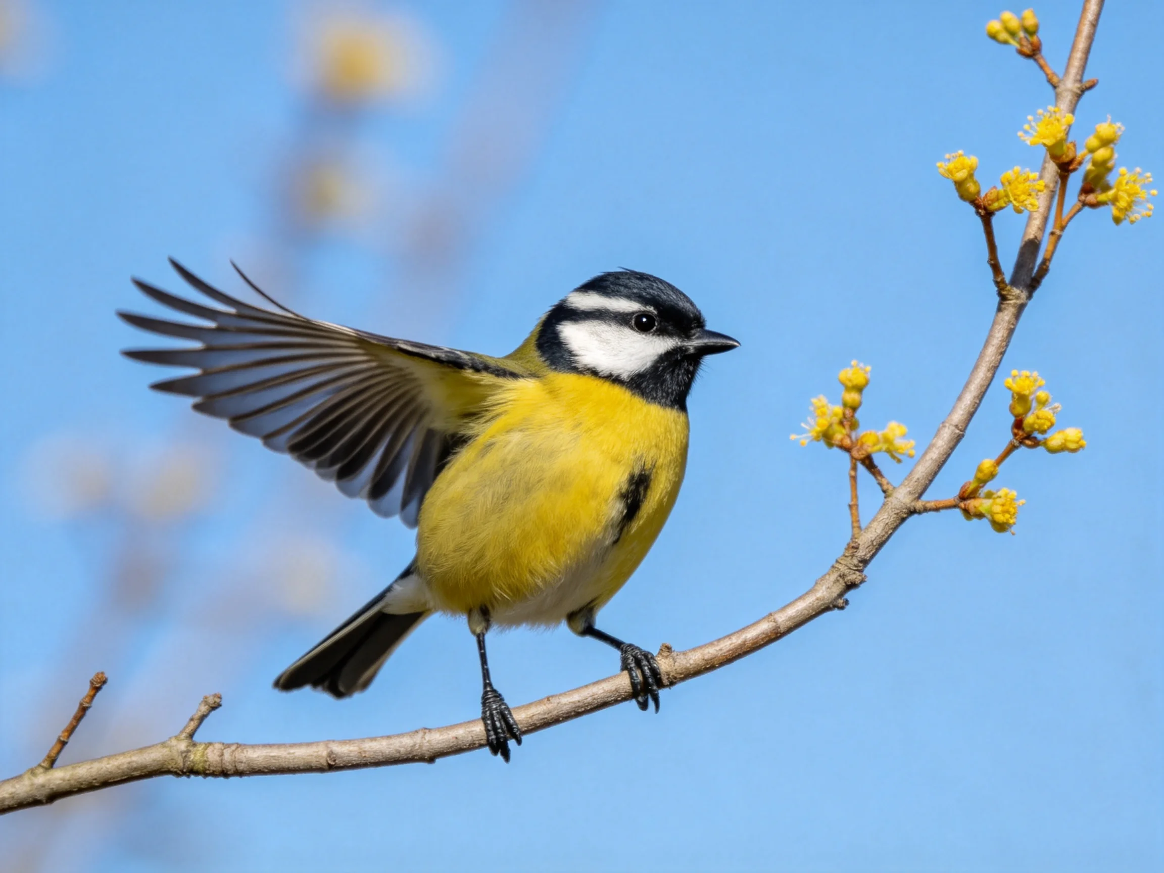 A brightly colored bird perched on a flowering branch with yellow blooms