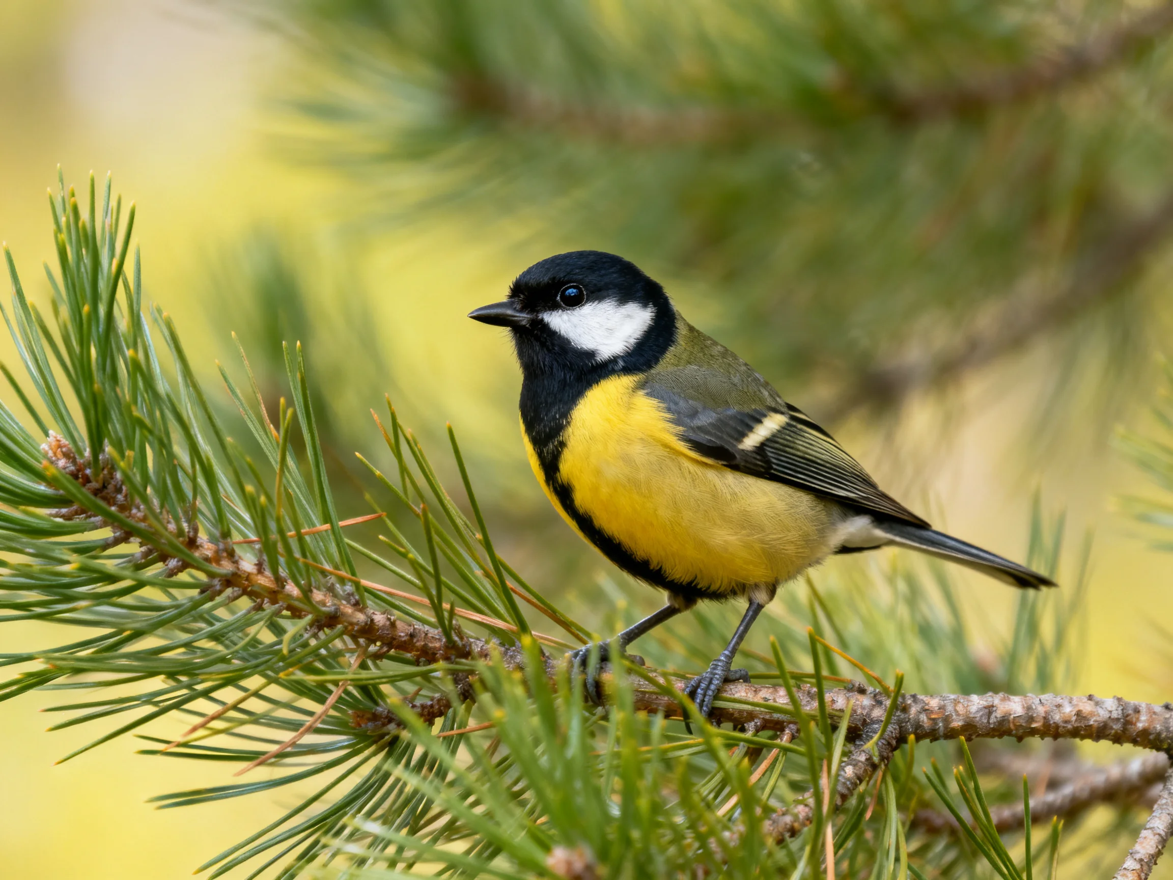 A brightly colored bird perched on pine needles