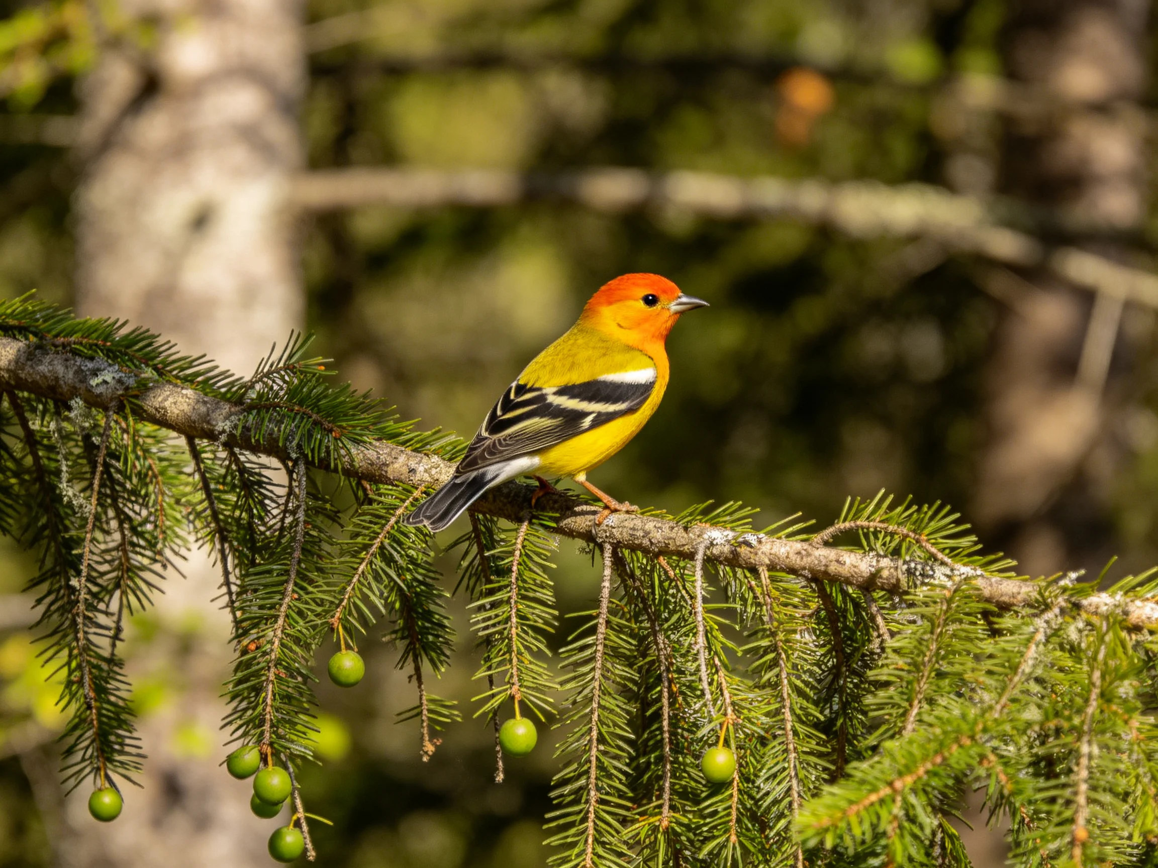 A brightly colored bird perches on a pine branch with green cones