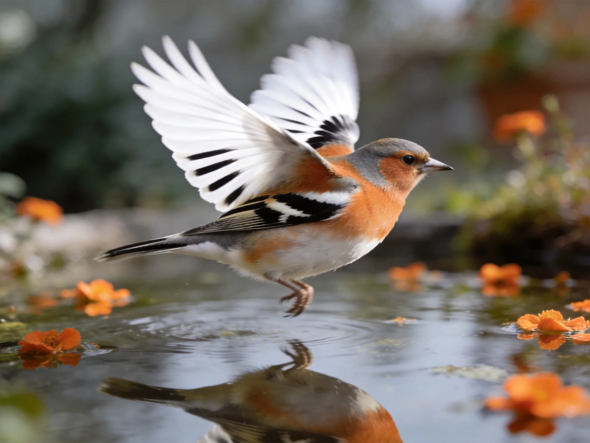 A brightly colored bird soaring over water with orange flowers