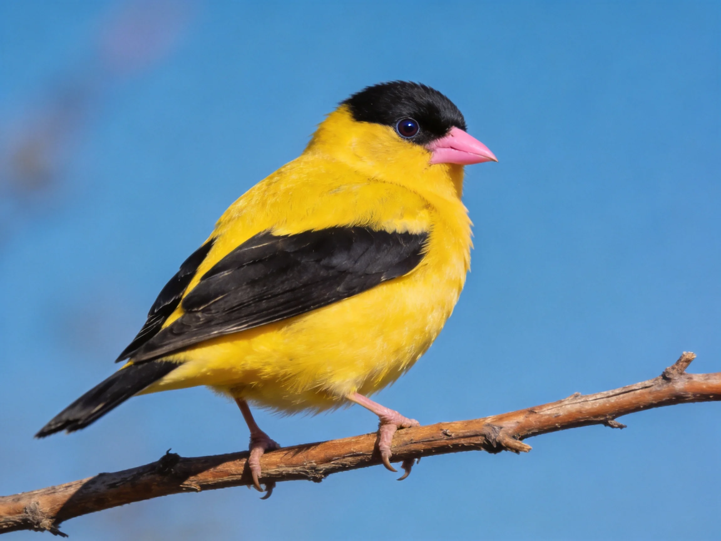 A brightly colored bird with black wings perches on a branch