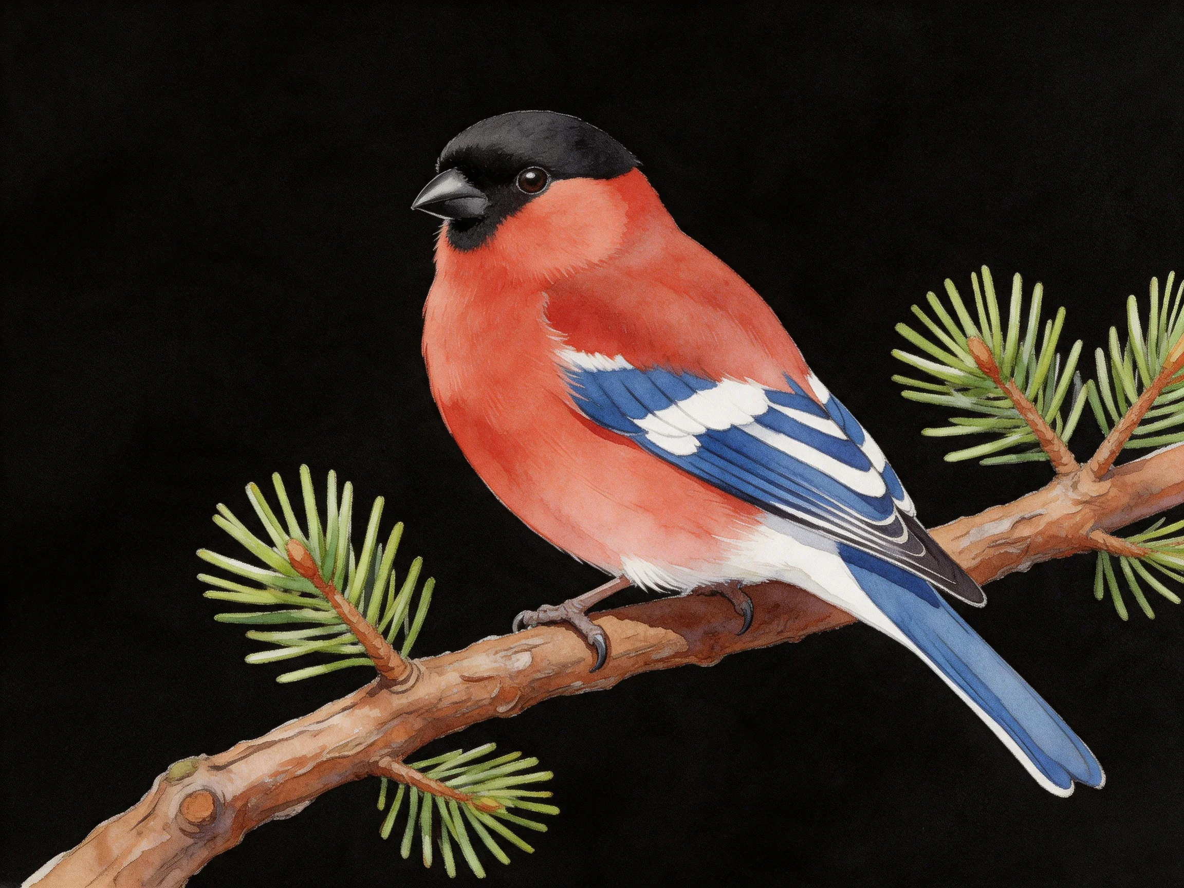 A brightly colored bird with blue wings perched on a pine branch