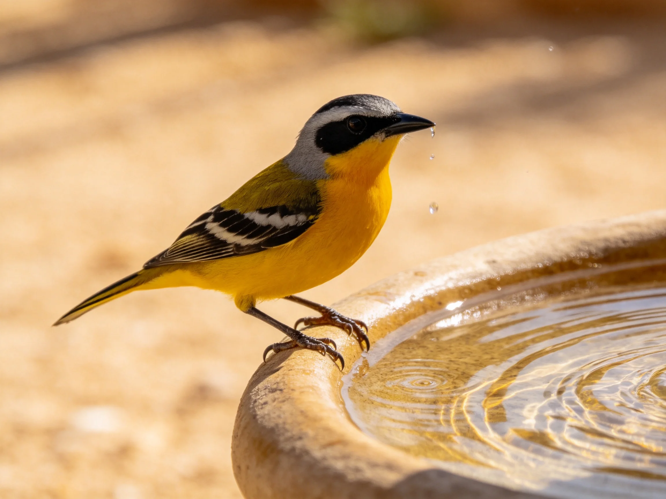 A brightly colored bird with yellow chest, black mask, perched on a stone water dish