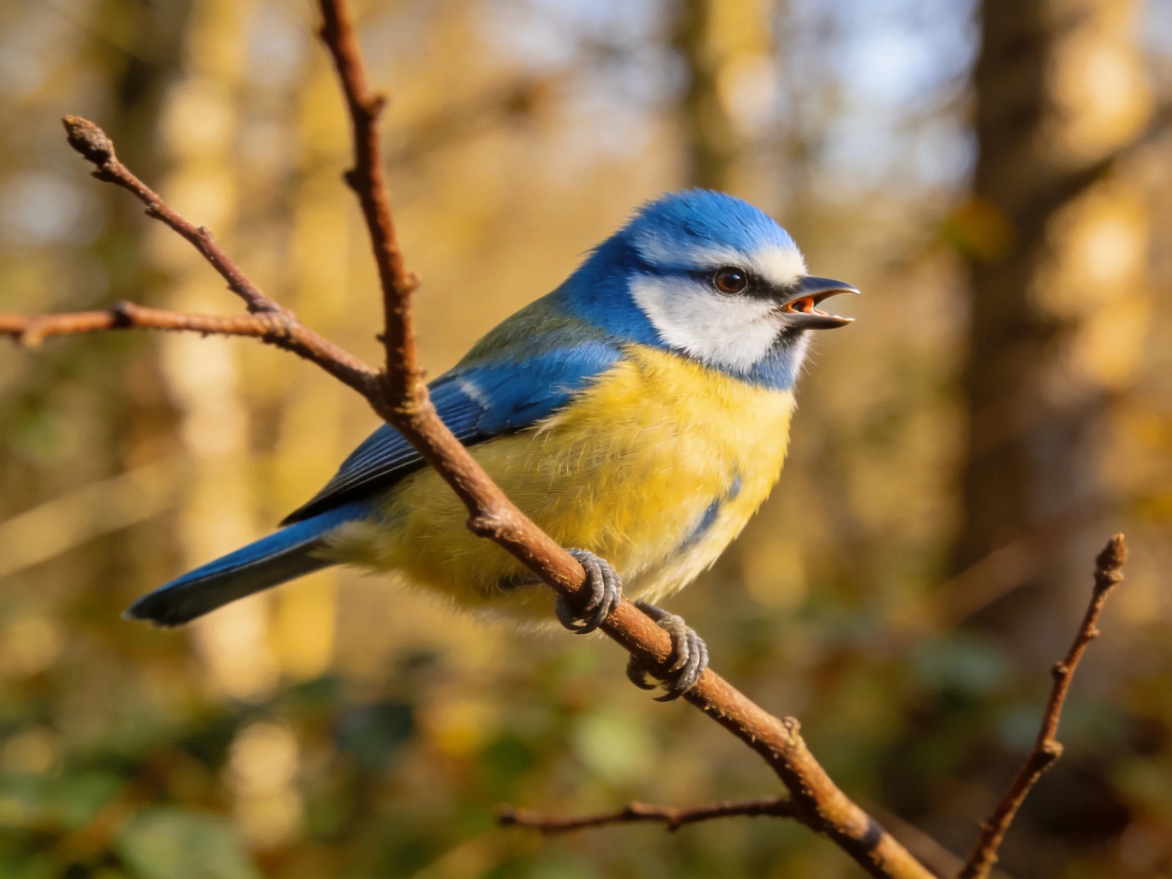 A brightly colored blue and yellow bird perched on a thin branch